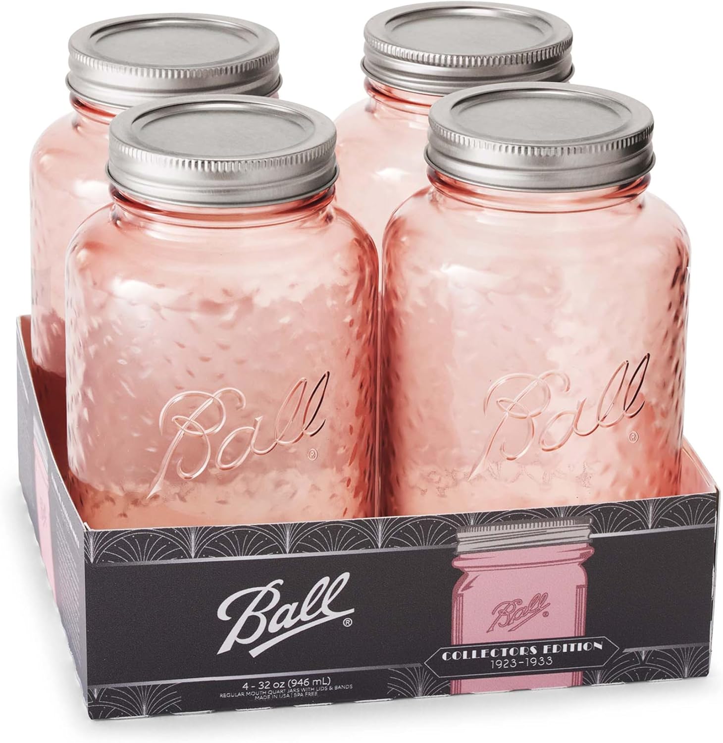 Ball Rose Vintage Regular Mouth Quart Mason Jars, 4-Pack - Canning Safe, Nostalgic Rose Glass for Decor & Storage