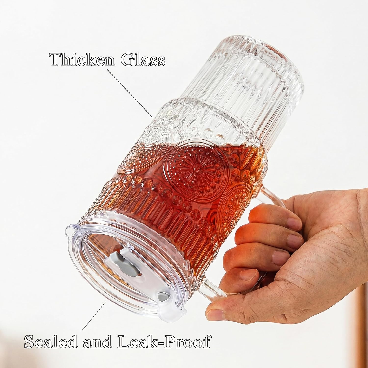 Bandesun 18oz Glass Cups with Lids and Straws, 2Pack Ribbed & Flower Glass Tumblers with Handle–Reusable Iced Coffee Cups with Lids, Leak Proof Drinking Glasses for Smoothie,Juice, Water,Tea - Image 3