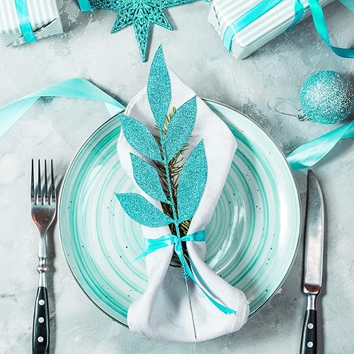 Miniatura 8 de Winlyn 20 aerosoles artificiales de hoja de laurel con purpurina verde azulado para árbol de Navidad, 12.7 pulgadas de alto, para árbol de Navidad,