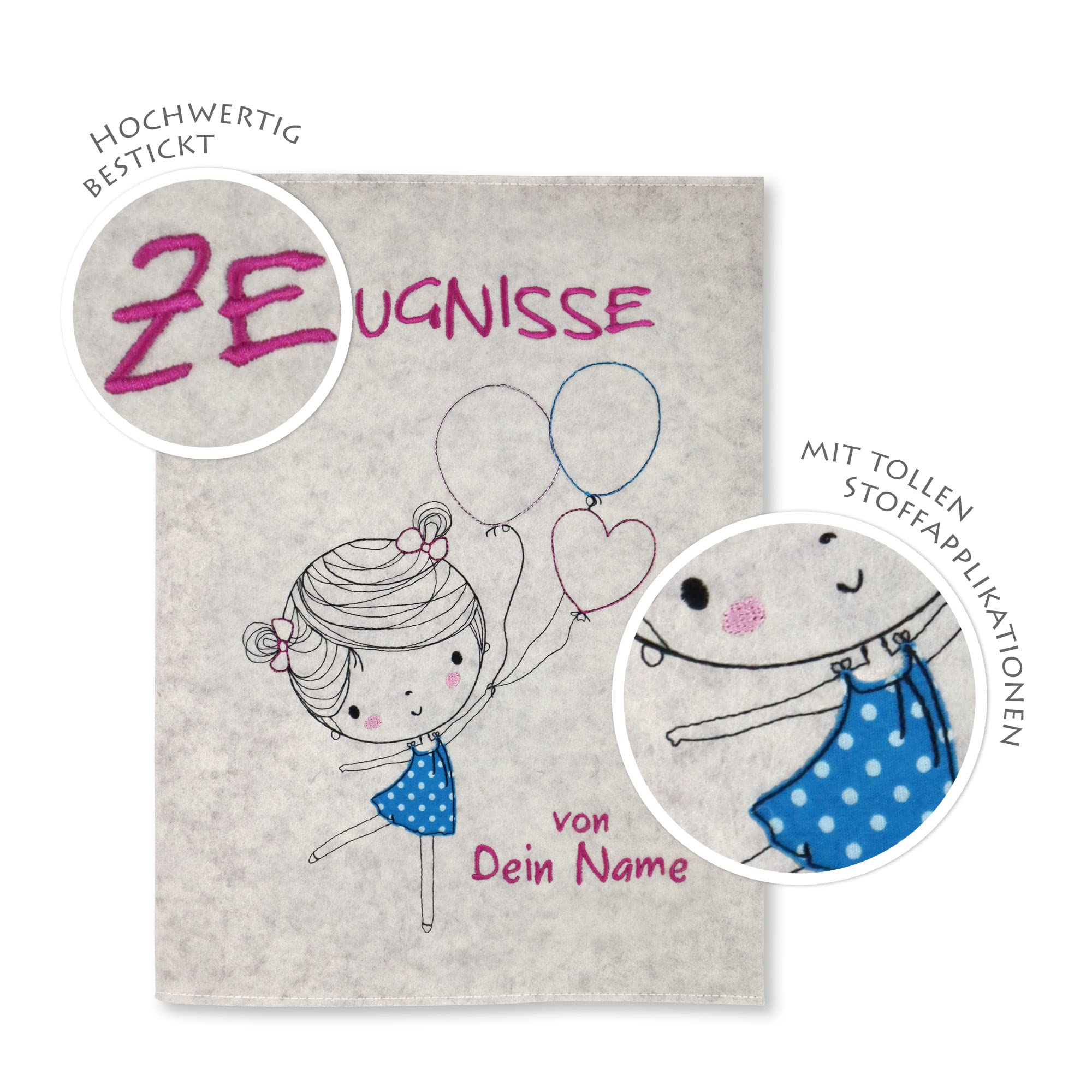 Zeugnismappe Mädchen mit Luftballons personalisiert mit Namen 100% Wollfilzumschlag und Sichtbuch DIN A4 mit 20 Hüllen