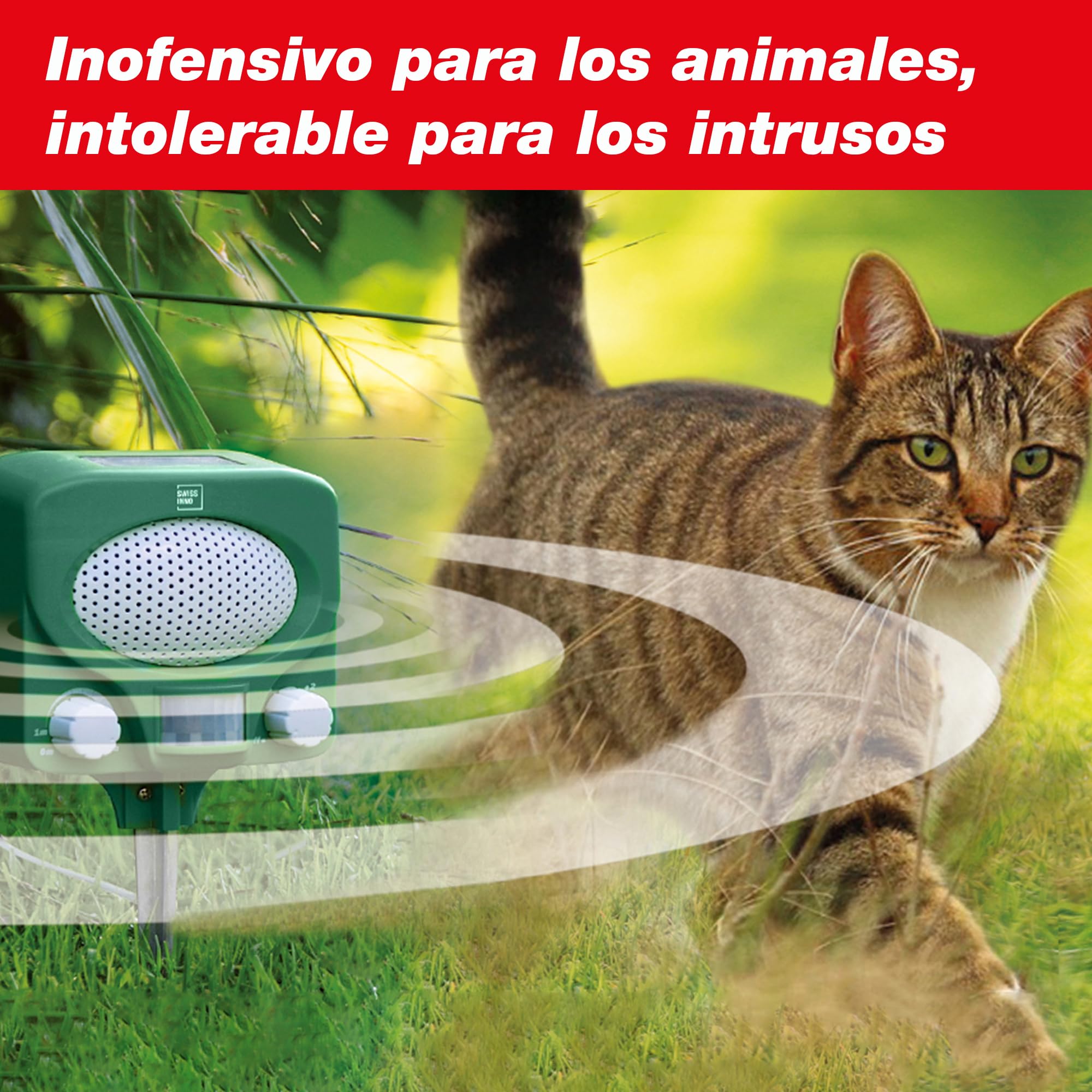 SWISSINNO Repelente Ultrasónico Animales – Ahoruyenta Gatos Perros Martas Conejos Zorros – Panel Solar – Cobertura 100m² – Resistente al Agua – Exterior Día y Noche