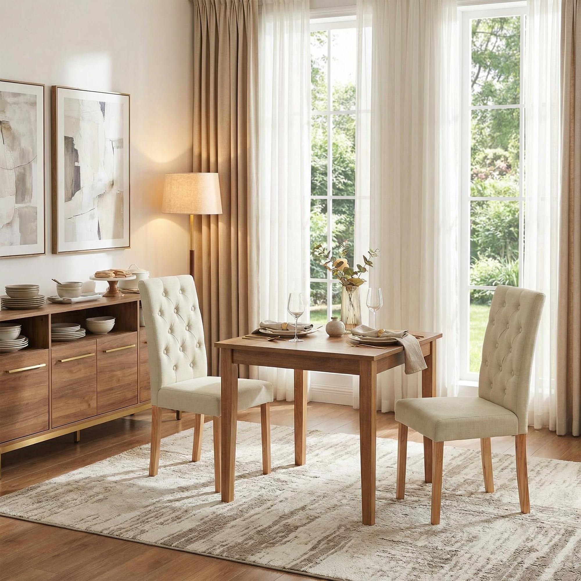 EGGREE Esszimmerstühle 2er Set Beige Leinenoptik Stoff Stühle mit Dicker Sitzfläche & Genähtem Rautenrücken, Stabile Gummibaumholz-Beine, 43,5 x 56 x 98 cm, Moderner Design für Esszimmer & Küche