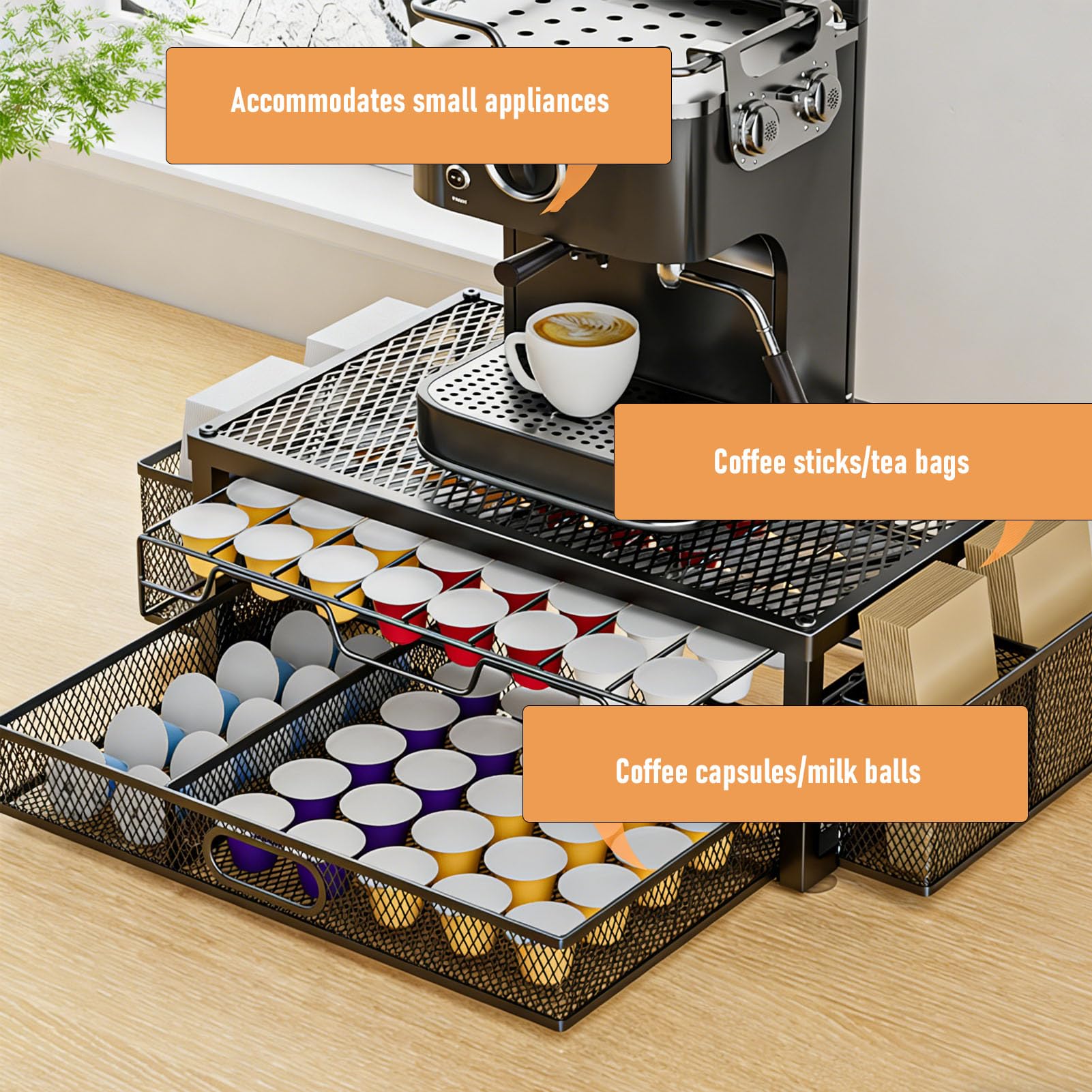 EMUKOEP Kaffeekapsel-Organizer, Geräumige Schubladen, Glatte Auswahl für Küchenarbeitsplatte, Kaffeestation, 83 Pads für Zuhause, Büro, Café, Eisen, Schwarz (Hohl)