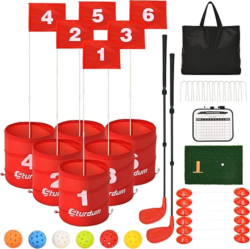 Miniatura 9 de Juego de cubo de golf portátil para patio, paquete de 6 agujeros y 2 palos de golf para adultos, familia, niños, juego de práctica en interiores y