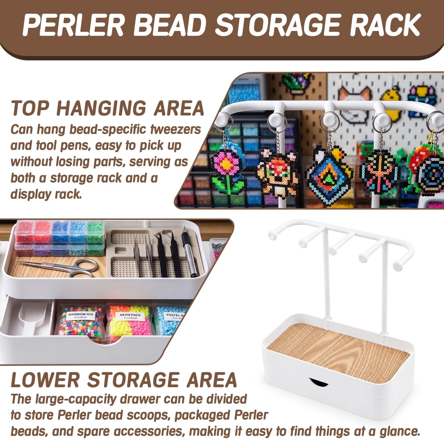 Perler Bead Tool Organizer Station – Fuse Bead Craft Storage Rack with Drawer, Bead Tool Holder for Craft Needles, Tweezers and Accessories