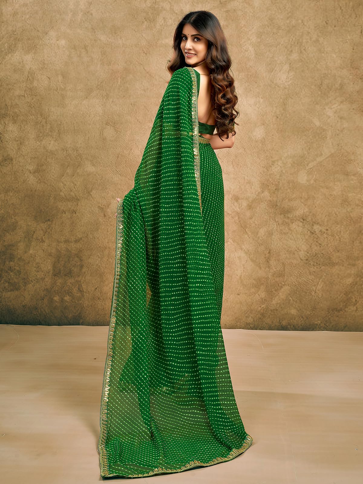 Satrani Women's Georgette Leheriya Printed Saree With Unstitched Blouse Piece (4010S268N_Green)