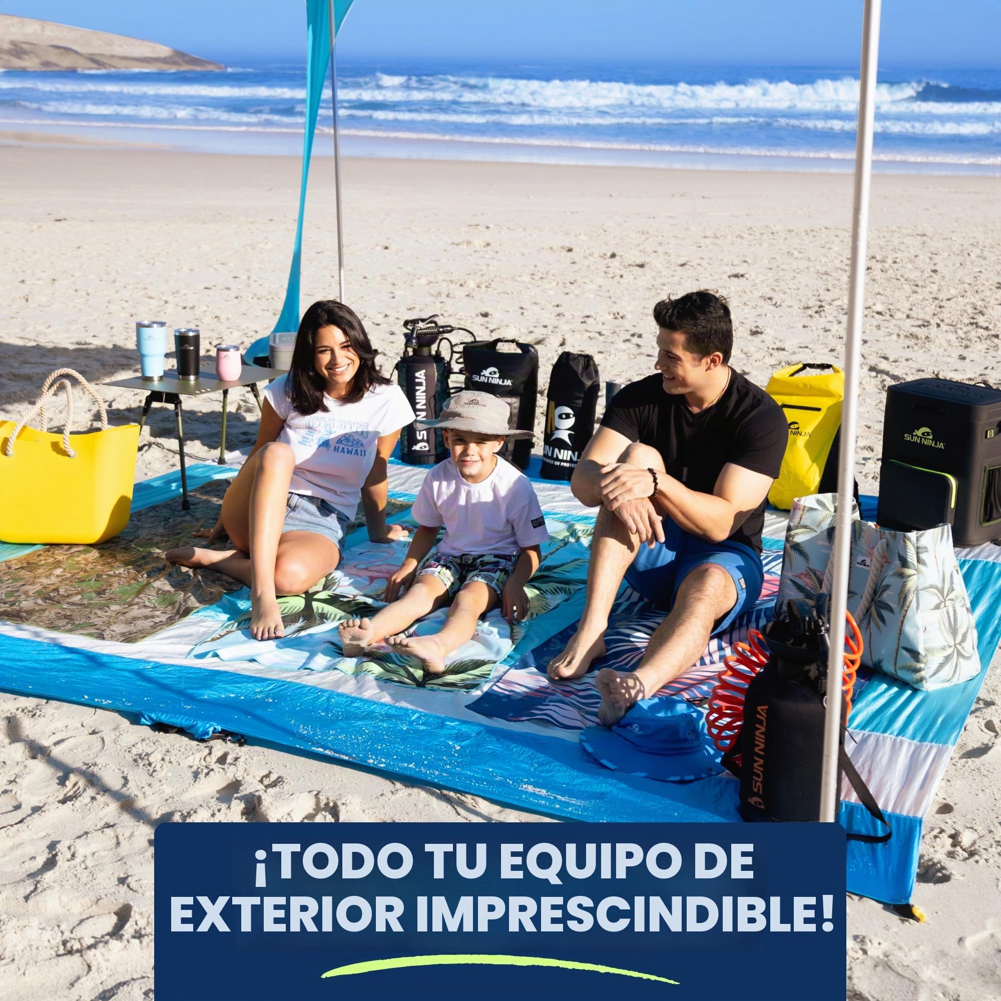 SUN NINJA Carpa Playa Plegable - Toldo Playa Plegable con Protección UPF 50+ - Toldo Camping con Bolsa de Transporte - con Pala Estacas y Postes - Parasol Playa Camping Pesca