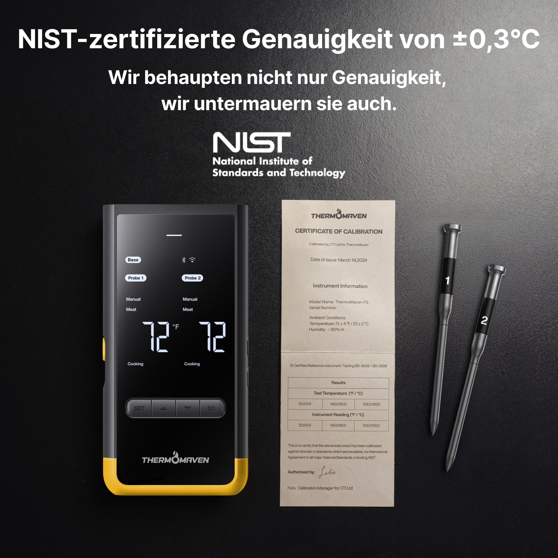 ThermoMaven Smartes Fleischthermometer Kabellose mit Basisstation, Bluetooth & WLAN, 2 Fühler, 6 Sensoren, NIST-zertifiziert, große, stabile WLAN-Reichweite, für Smoker, Backofen & BBQ, Goldgelb