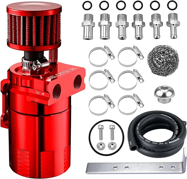 EVIL ENERGY Oil Catch Can, 300ML Baffled Oil Can with Breather Filter, Universal Aluminum Air Oil Separator Breather Tank with 3/8" ID 5FT NBR Fuel Hose Kit