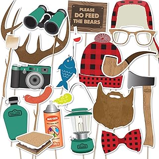 Camping Lumberjack Photo Booth Props | 18 piece set by Paper and Cake | Antlers, Ax, Beard, Plaid Cap, Sâ€™mores and more | Great for Birthday Parties and Events