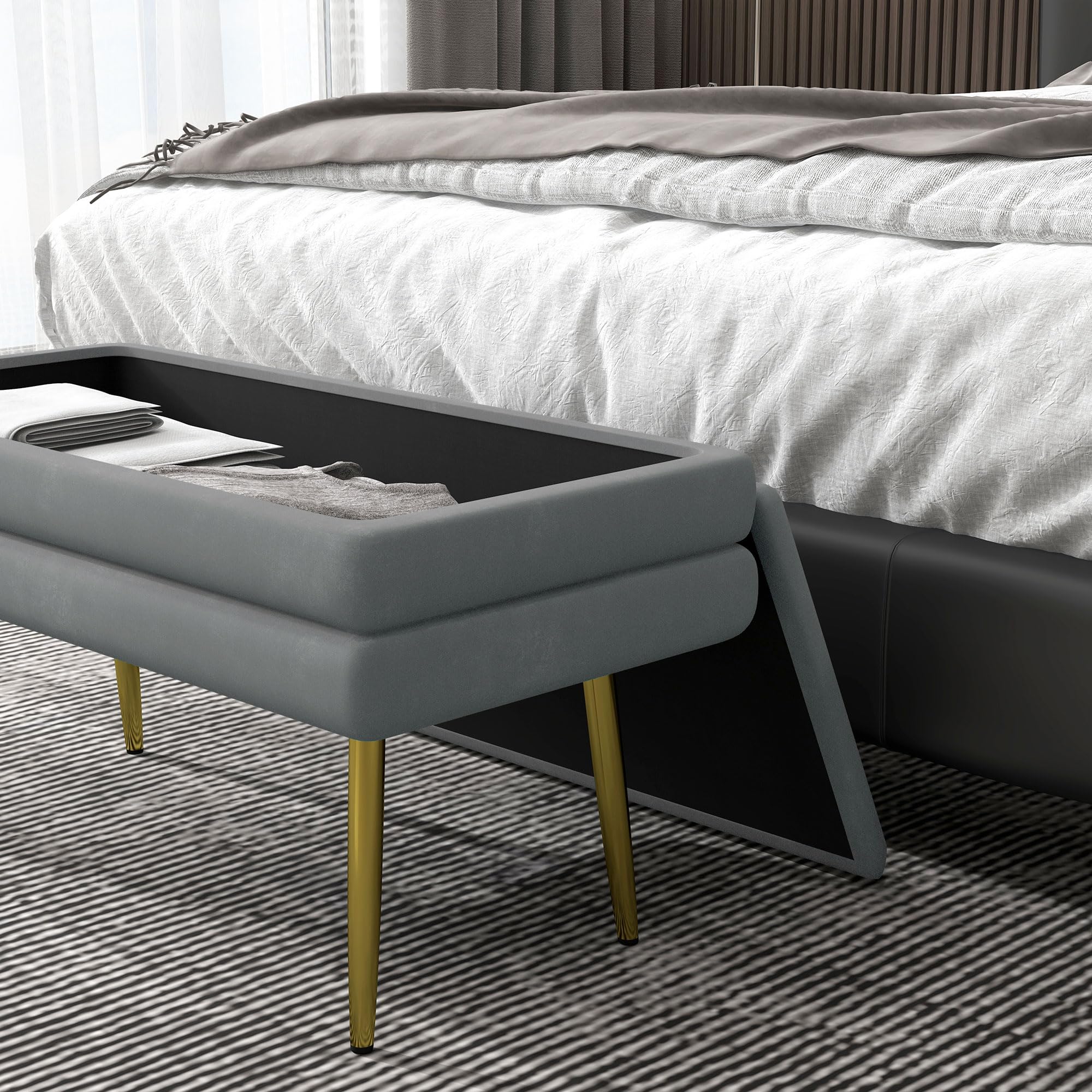 HOMCOM Sitzbank Polsterbank mit Stauraum Samtoptik 79,5x37,5x43cm Grau | Bettbank mit Stahlbeine, Schuhbank, Aufbewahrungsbank für Wohnzimmer, Schlafzimmer