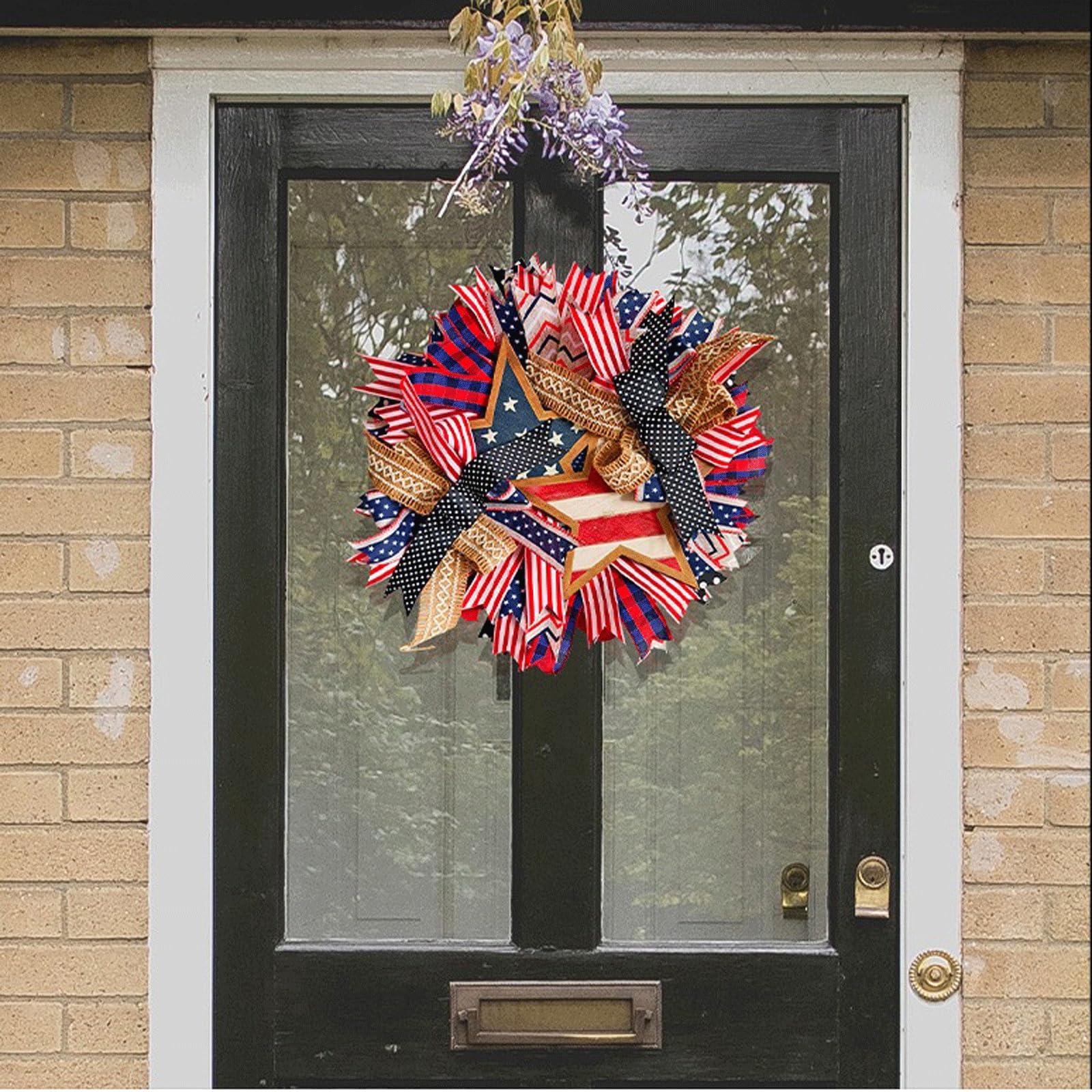 Ghirlanda patriottica del 4 luglio - Tessuto colorato e Ghirlanda Floreale in Legno per Porta d'ingresso - 18x18 Pollici