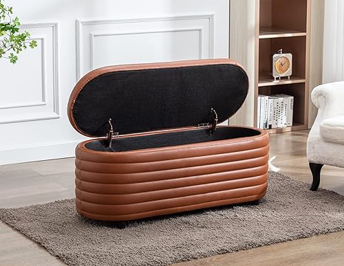 Miniatura 3 de Banco otomano de almacenamiento de 45.5 pulgadas, tapizado, de piel sintética, banco de dormitorio para sala de estar, dormitorio y pasillo, banco
