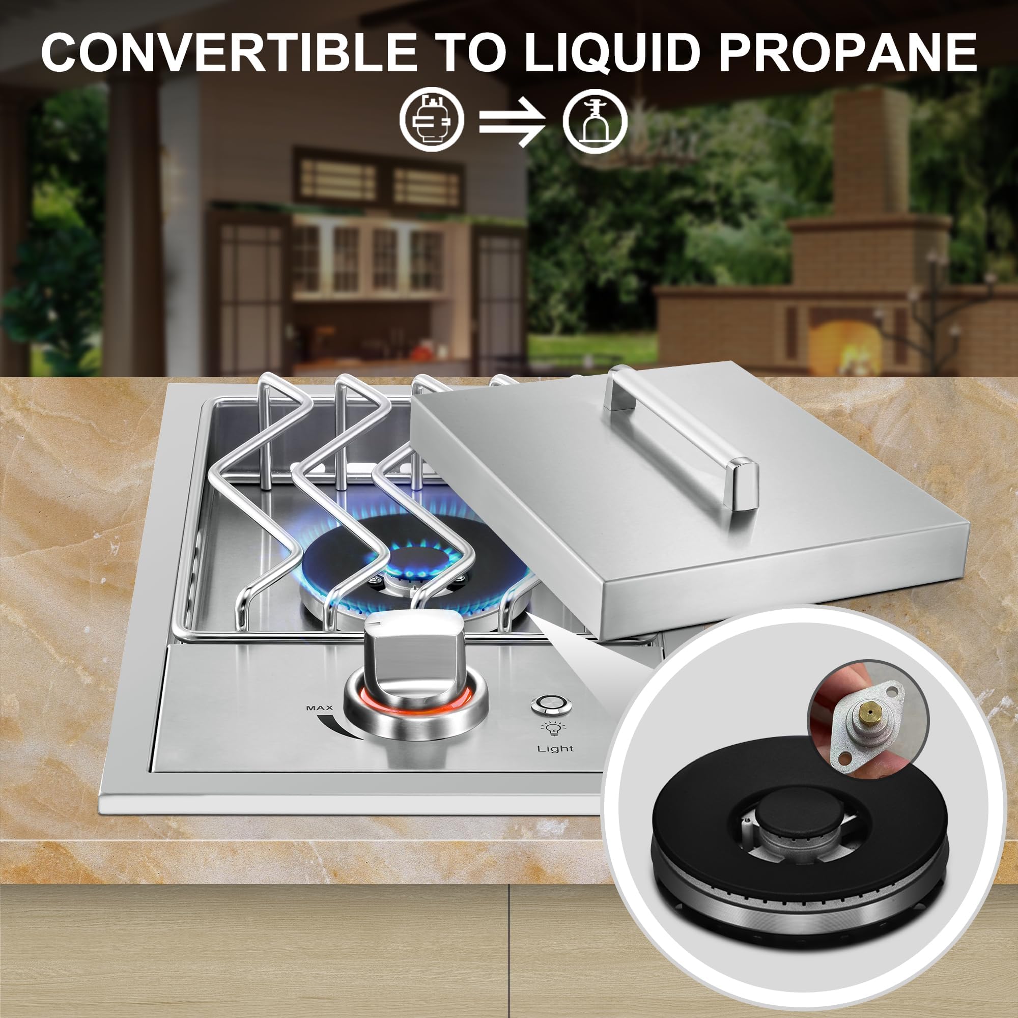 Bruciatore laterale singolo per griglia esterna, bruciatore laterale a gas naturale da 15.000 BTU, robusto acciaio inossidabile 304, con kit propano liquido, bruciatore laterale a goccia per cucina