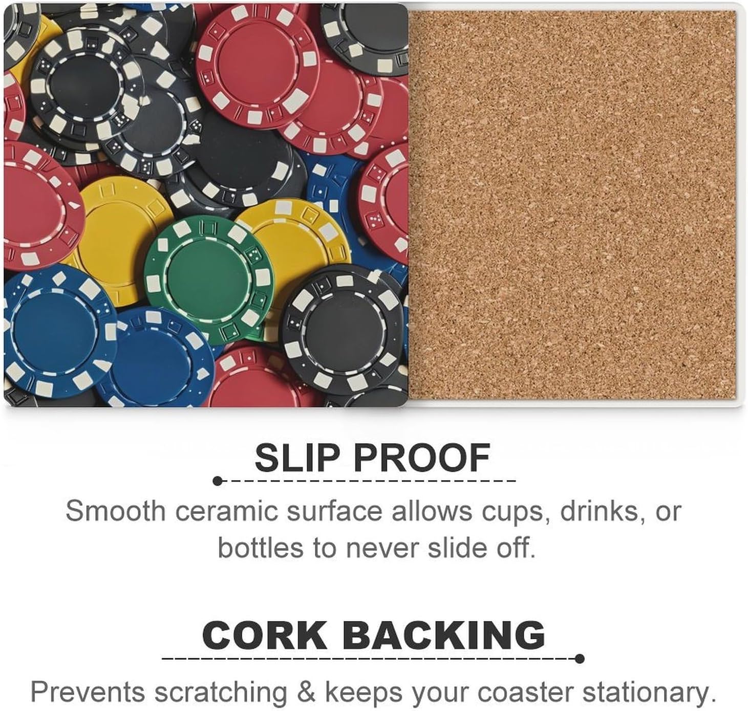 Colorful Poker Chip Funny Ceramic Coasters for Drinks Absorbent Cup Holder Tabletop Protector with Cork Base