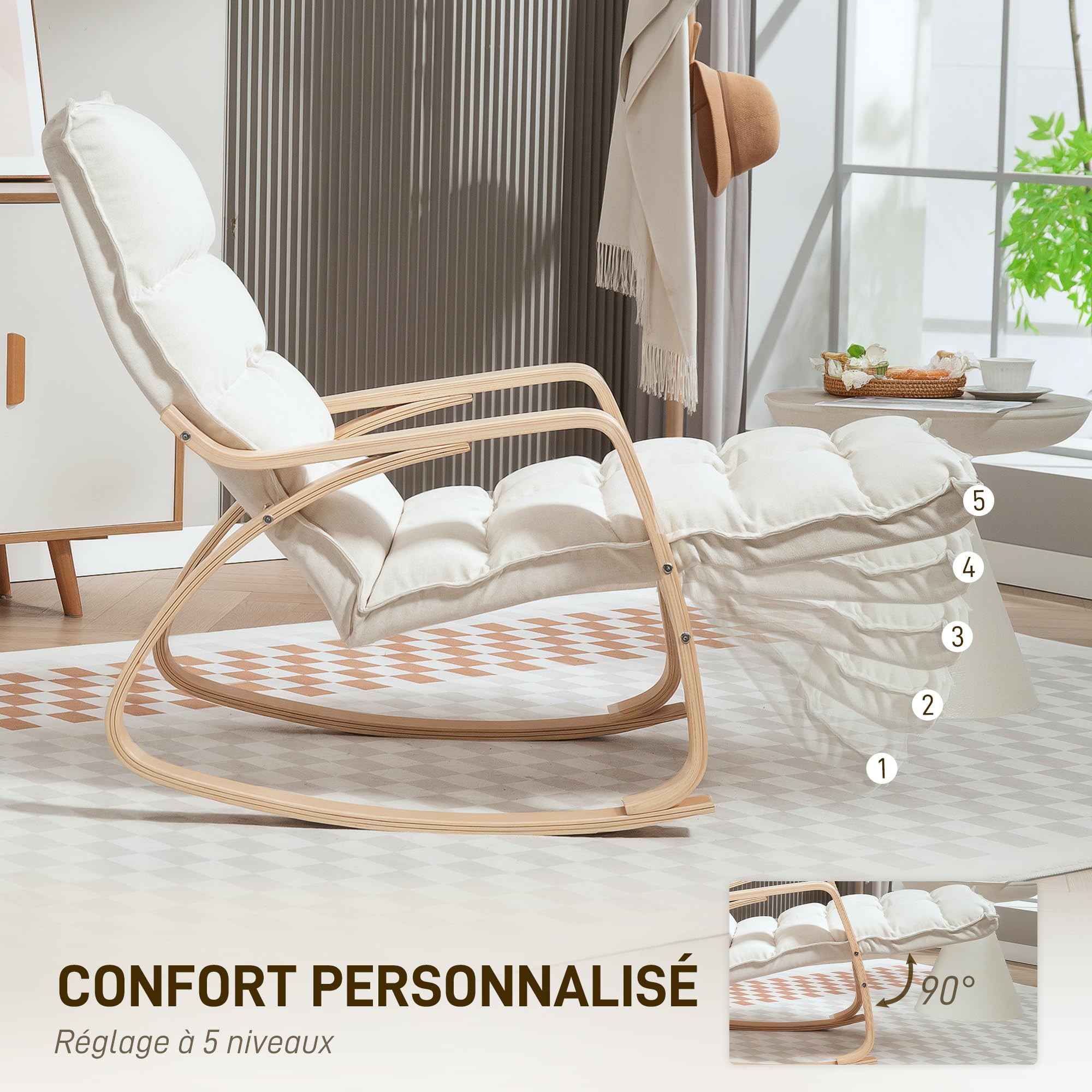 HOMCOM Fauteuil à Bascule avec Repose-Pieds Ajustable, Fauteuil Allaitement capitonné, Rocking Chair en Tissu Lin avec Pieds en Bois de Bouleau, pour Chambre, Salon, 67 x 106-123 x 92 cm, crème