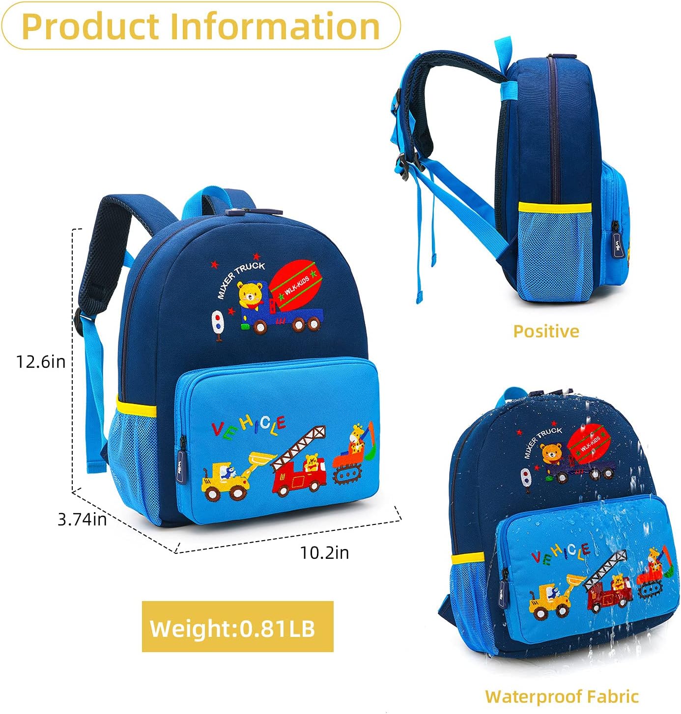 willikiva Car Dinosaur Kids Toddler Backpack for Boys and Girls Children Waterproof Preschool Bag(Blue Traffic Paradise) - Image 3