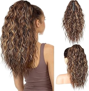 PORSMEER Extensiones de pelo de cola de caballo, color marrón/rubio con clip, 45 cm, largo ondulado, rizado, trenza, clip en garra, pelo sintético natural para mujeres