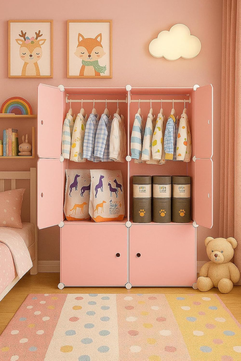 Sunderlook Plastic Wardrobe for Kids Clothes – Professional Collapsible Wardrobe, Easy to Use Foldable Almirah, Plastic Cupboard for Kids for Home (Pink-X3, 6 Door)