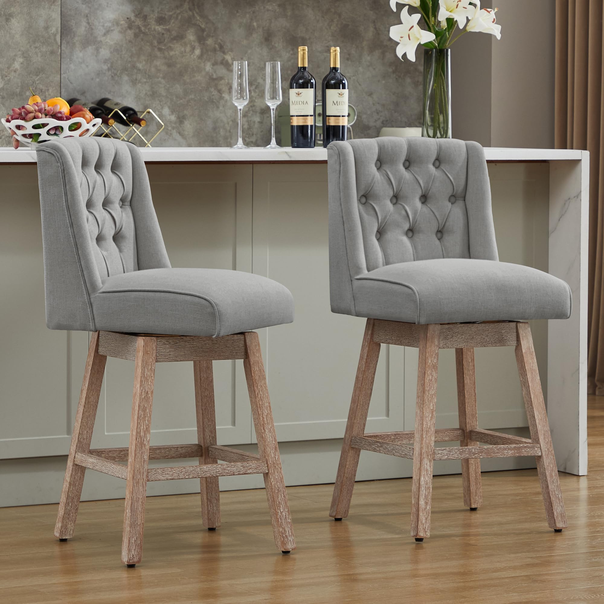 26" swivel bar stools set of 2, counter height barstools with back, linen fabric upholstered bar stools, modern barstools wood legs for kitchen island dining room bar