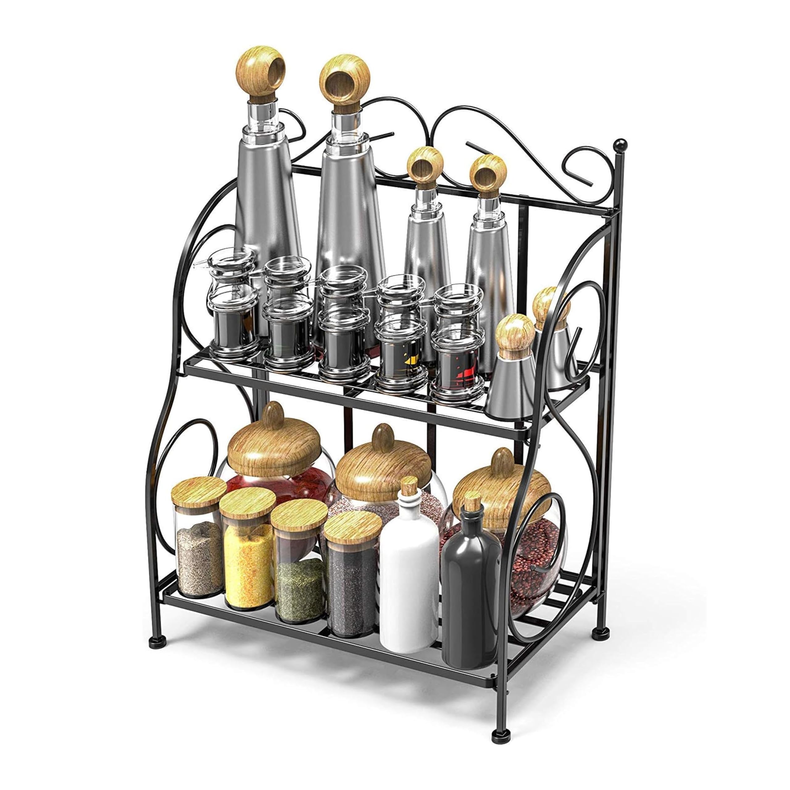 AMERTEER Collapsible 2 Tier Kitchen Rack Organizer, Foldable Metal Storage Shelf with Easy Assembly, Countertop Spice Rack Stand for Bottles Jars Oil Vinegar, Space Saving Kitchen Organizer | Black