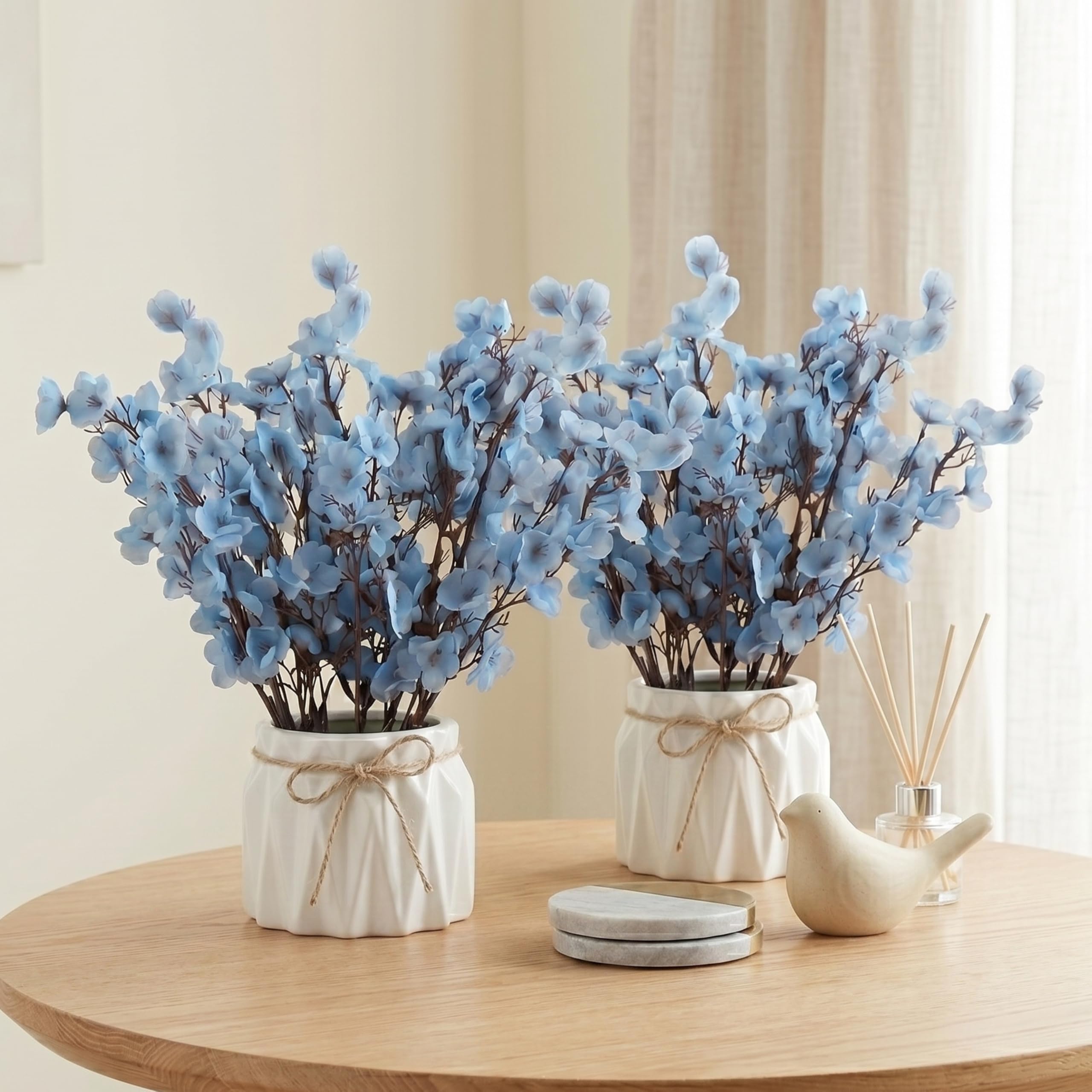 Dekorly Artificial Lavender Plant in White Pot, 18cm – Realistic Faux Flower Arrangement for Home & Office Décor (Set of 1) (2, Blue Baby's Breath Flower)