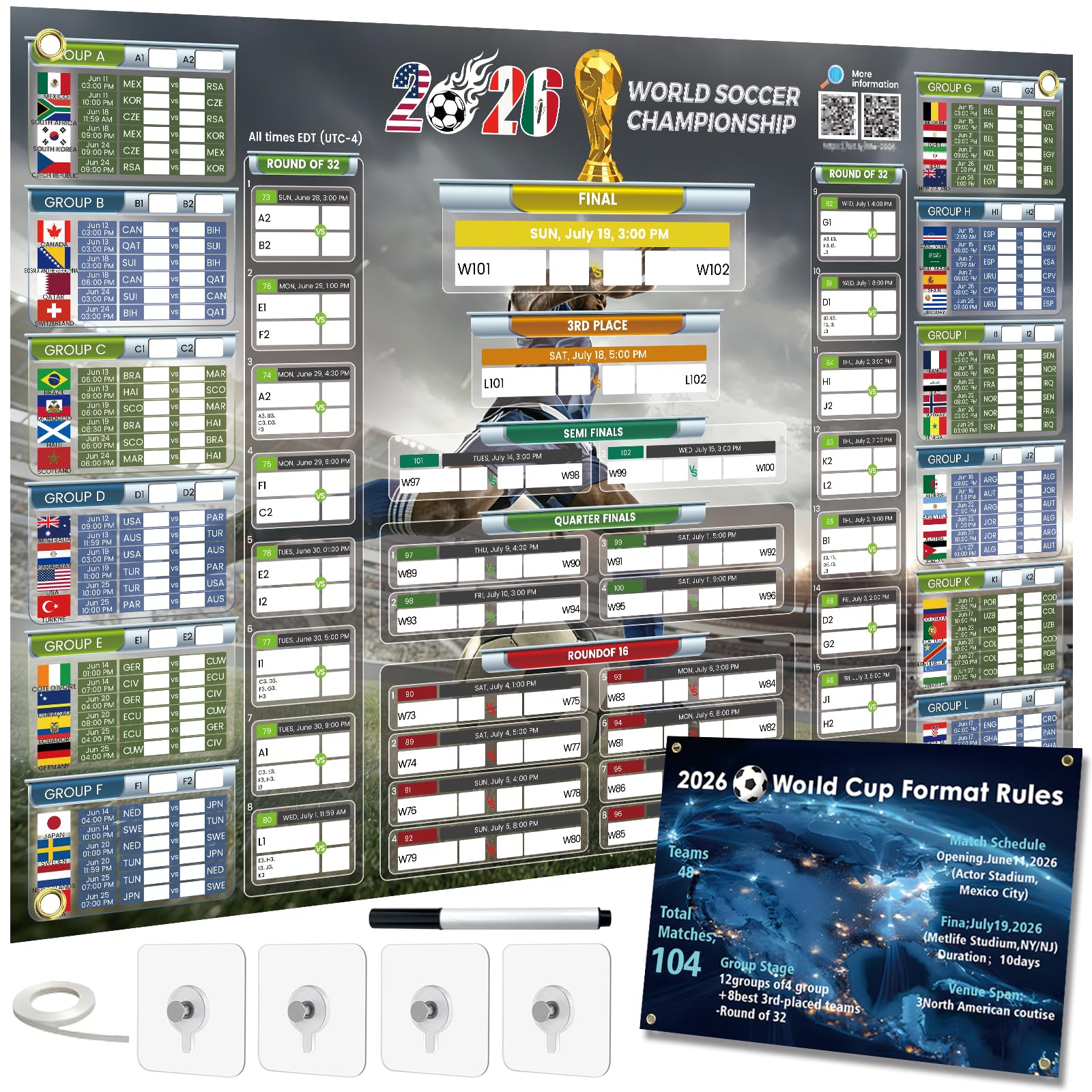 Updated 2026 World Soccer Schedule Poster With Live Score QR Code, 33.1"x22.3" Wall Chart Large Print for All Ages From Grandparents, Father Holiday Gifts for Home Bar Office