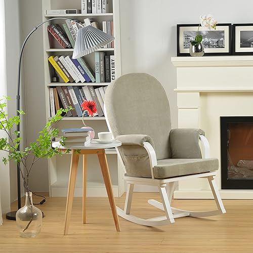 Gxcevsou Mecedora para guardería mecedora de madera de goma simple con cojín y bolsillos moderna silla tapizada de espuma de alta densidad para