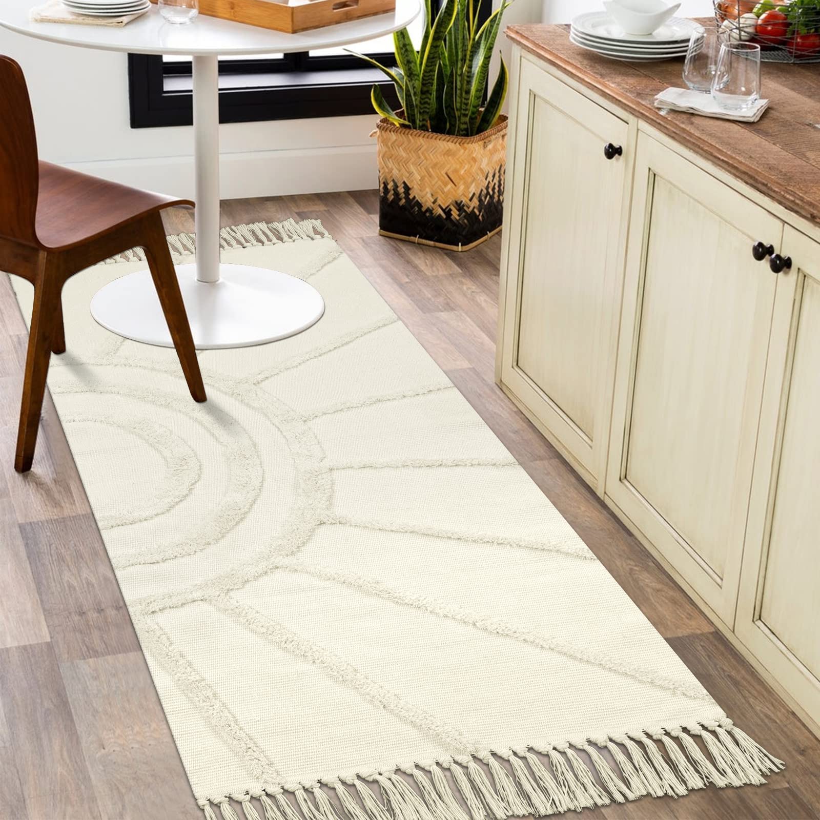 OJIA Boho Kitchen Rug 2'x4.3', Washable Bathroom Runner Rug Cotton Woven Accent Throw Rugs with Tassel Farmhouse Tufted Sun Rug Entry Rug Floor Mat for Laundry Entryway Hallway Porch Bedroom