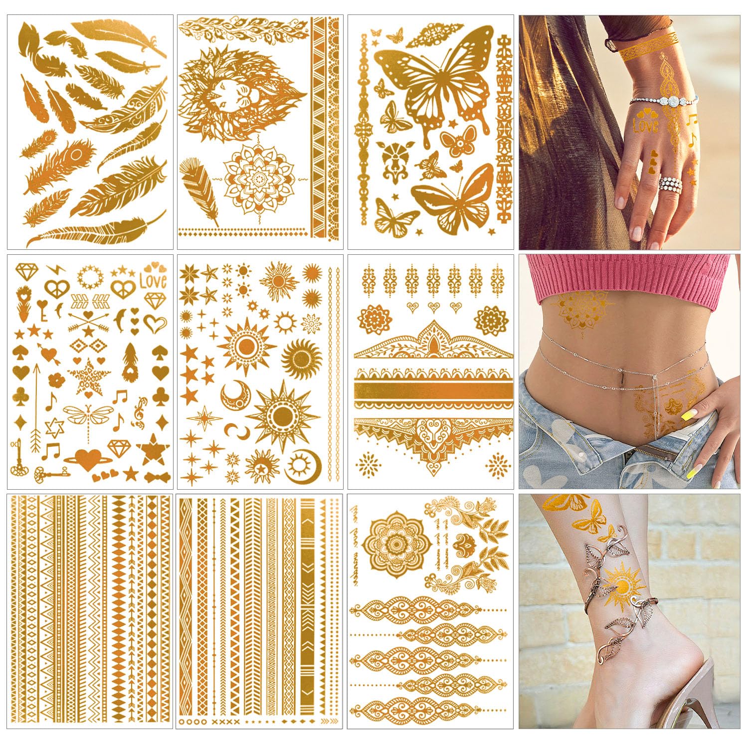 Gold Temporäre Tattoos 9 Blatt Metallic Goldene Tattoos Erwachsene,Festival Tattoos Gold Boho,Wasserfest Haut Klebetattoos Aufkleber für Festival Schminke Geburtstag Party Disko Fasching Urlaub usw