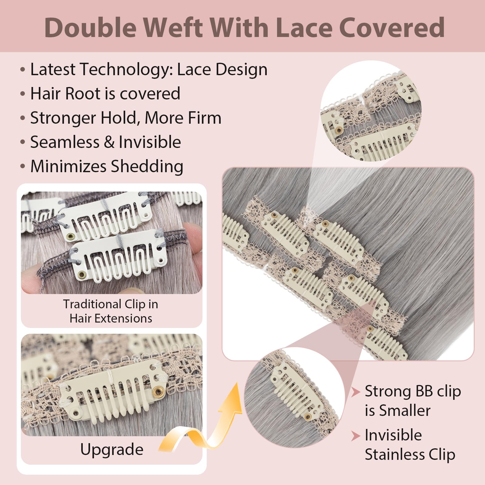 Silk-co Clip in Hair Extensions Real Human Hair Extension Double Weft With Lace Coverd Clip in Silky Straight 100% Natural Very Thin Highlight efffect for Women 6PCS 6Clip 12Inch #Sliver Grey 33g - Image 2