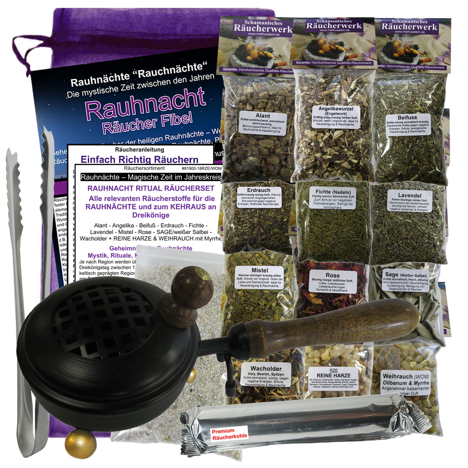 RAUHNÄCHTE räuchern 20-TLG Räucherset 12x Räucherwerk, RÄUCHERPFANNE Räuchergefäß + Weißer Salbei + Weihrauch + Myrrhe + Styrax UVM. Mit RÄUCHERZANGE, Räucherzubehör UVM. 81900-18Z/3165G