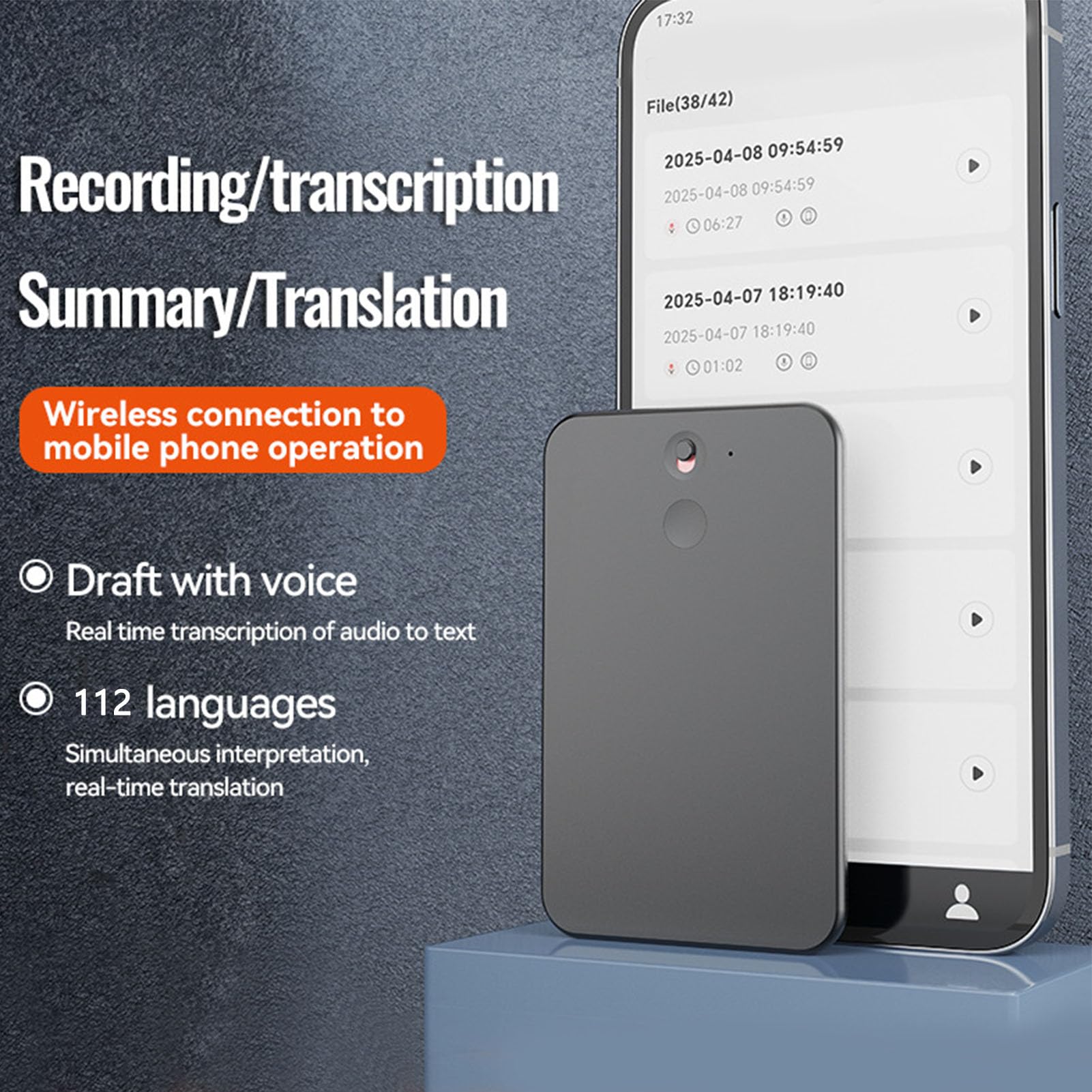 Zunate Grabadora de Voz con IA, Dispositivo para Tomar Notas con Transcripción y Resumen, Compatible con 112 Idiomas, Control Mediante Aplicación para Clases, Reuniones y Llamadas. (8GB)