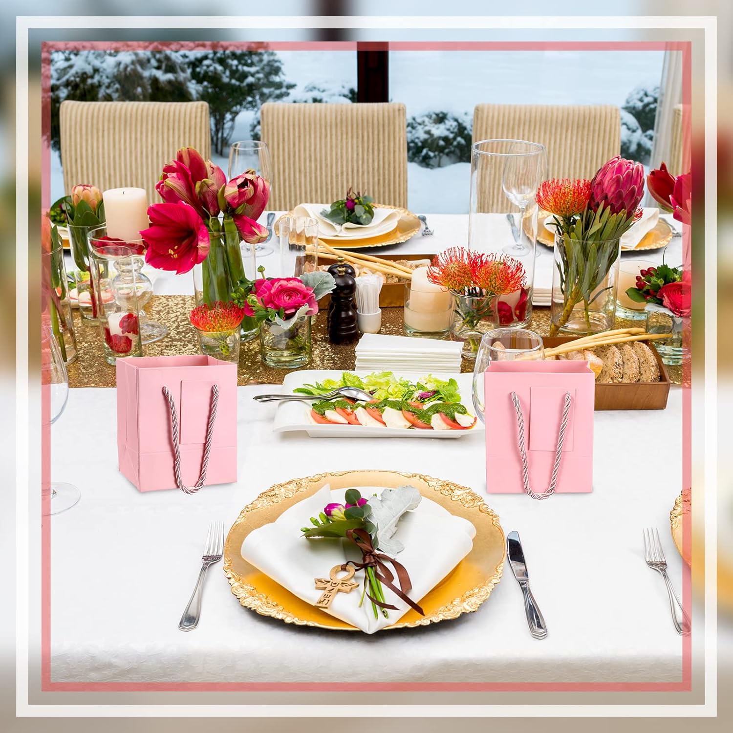 PerKoop 50 Pcs Mini Gift Bags Bulk with Handles Gift Tags Small Paper Bags for Valentine Birthdays Baby Showers Weddings Party Favors Supplies 4 x 2.75 x 4.5 Inch(Pink) - Image 5