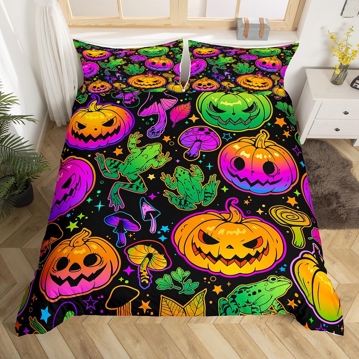 Homemissing Multicolored 13223 Pumpkin Lantern Duvet Cover Set Trippy Mushrooms Frogs Print Bedding Set For Kids Halloween Star Print Comforter Cover Set Jack O Lantern Bedspread Cover Bedroom Bedclothes Double