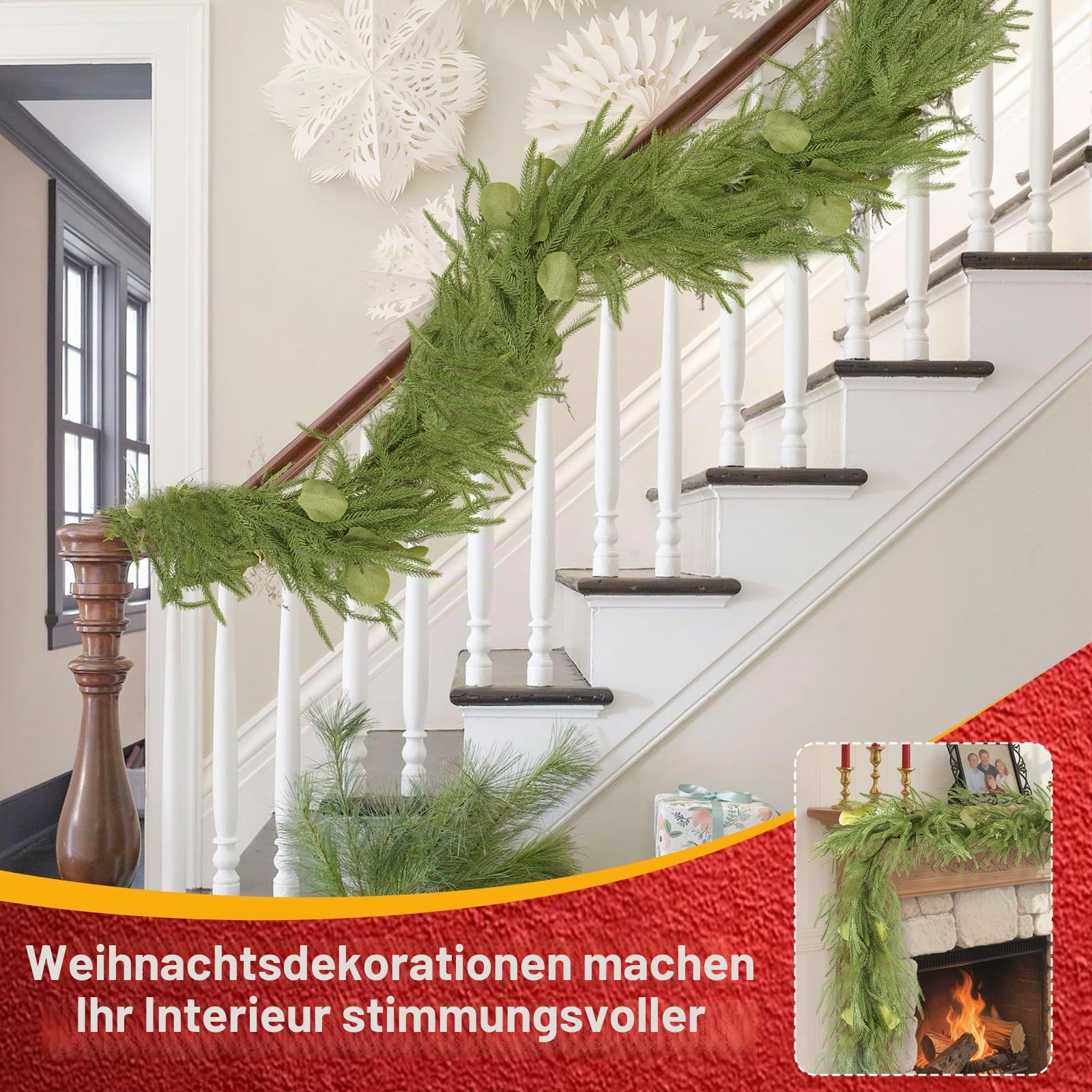 9FT Weihnachtsgirlande,PE Realistische Norfolk Girlande Für Mantel | Künstlicher Tannengirlande mit Tannenzapfen,Roten Beeren,Deko Für Weihnachten, Mantel,Treppen, Tisch, Innen & Außen