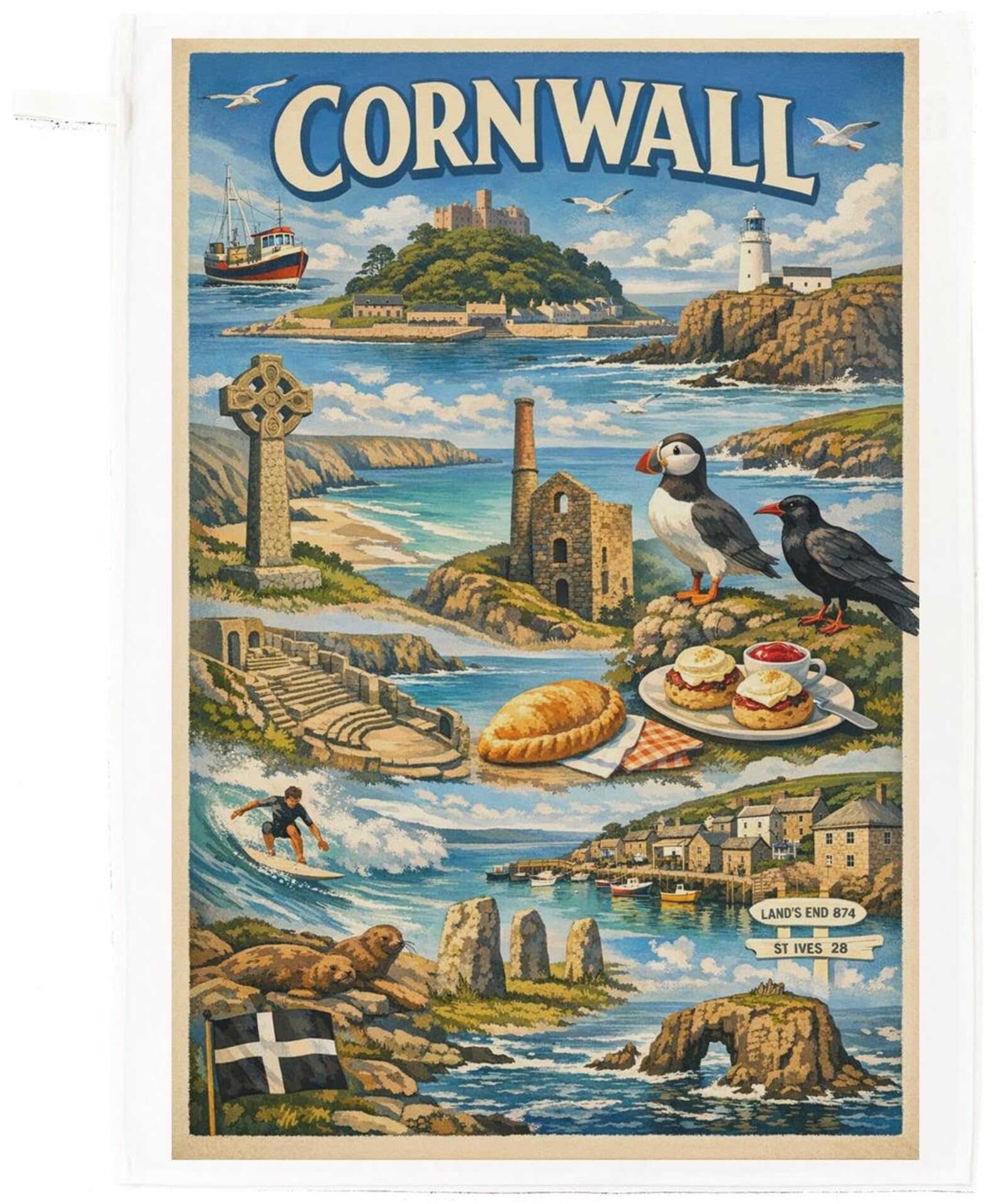 Half a Donkey Cornwall Landmarks Tea Towel – Coastal Illustration, St Michael’s Mount, Minack Theatre, Surf & Scenery