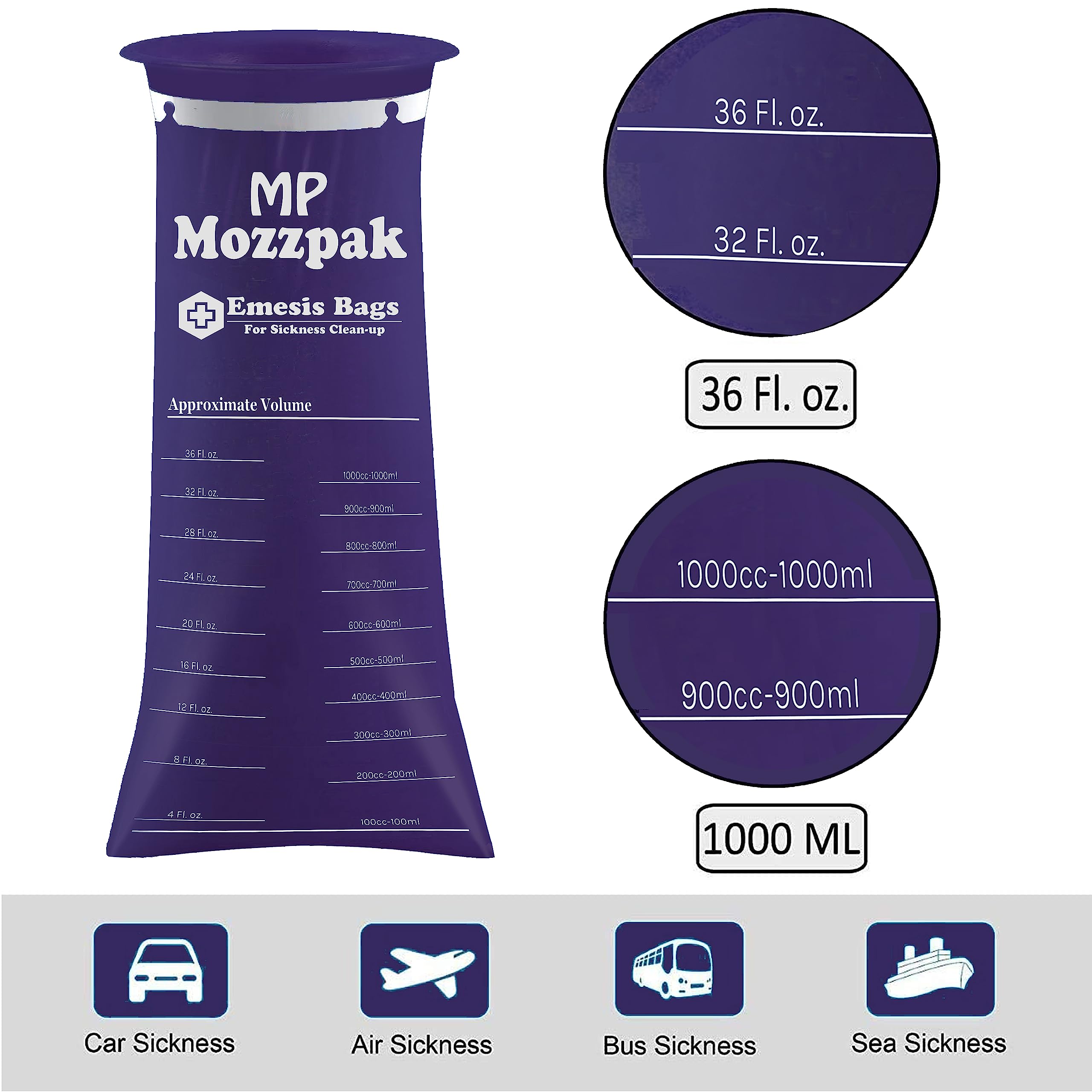 MP MOZZPAK Vomit Bags Disposable – 50 Pack – 1000ml Barf Bags – Leak Resistant, Medical Grade, Portable Emesis Bags, Puke, Throw Up, Nausea Bags for Travel Motion Sickness, Car & Aircraft, Kids, Taxi