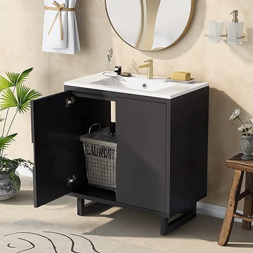 30" Bathroom Vanity with Sink, Single Vanity with 2 Doors Cabinet, Modern Freestanding Bathroom Cabinet with Resin Basin, Black