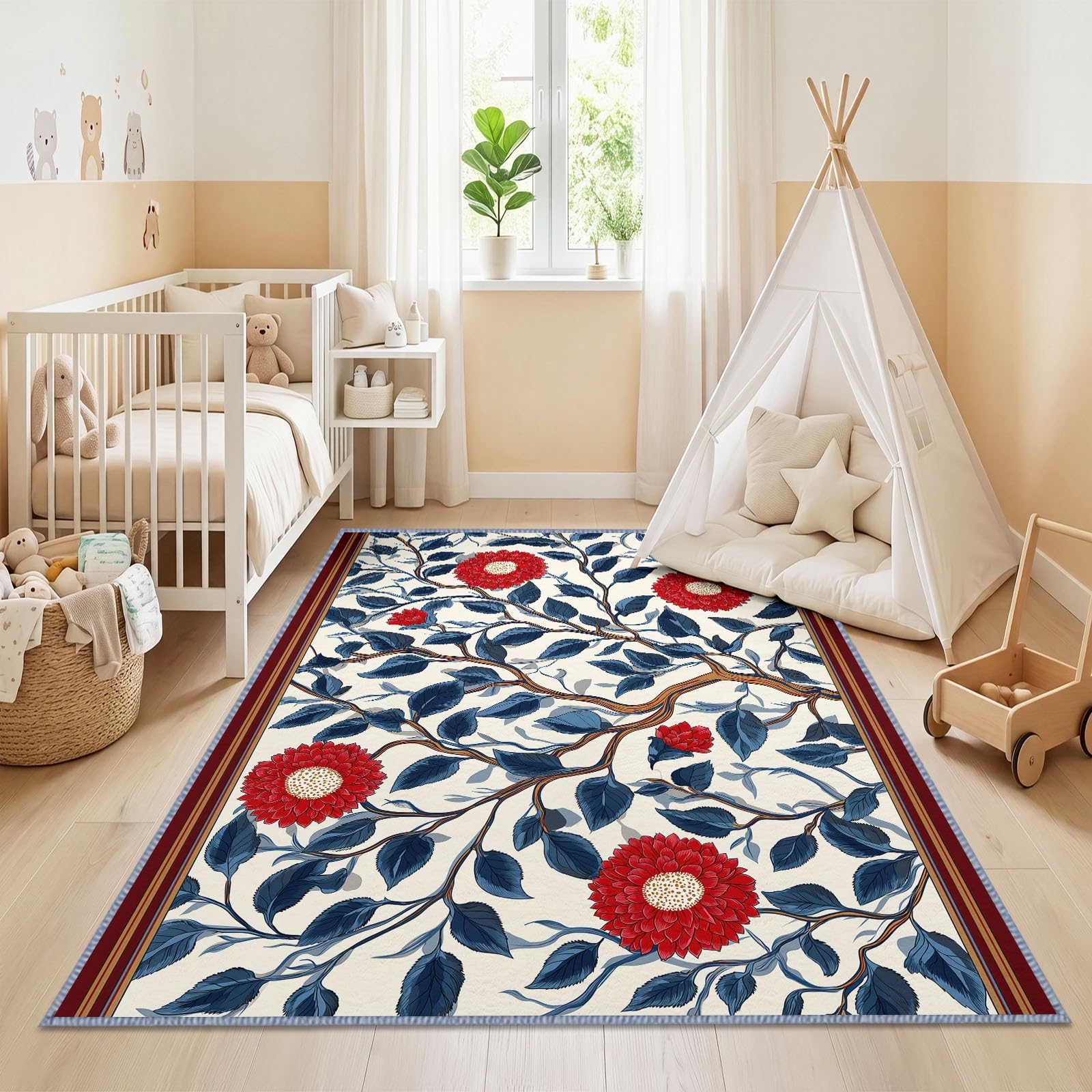 Générique Tapis Salon Motif Floral Rouge Oriental Vignes 100 x 160 cm, Lavable en Machine Tapis de Sol Vintage Traditionnel Doux Antidérapant pour Entree Interieur, Chambre, Salle à Manger