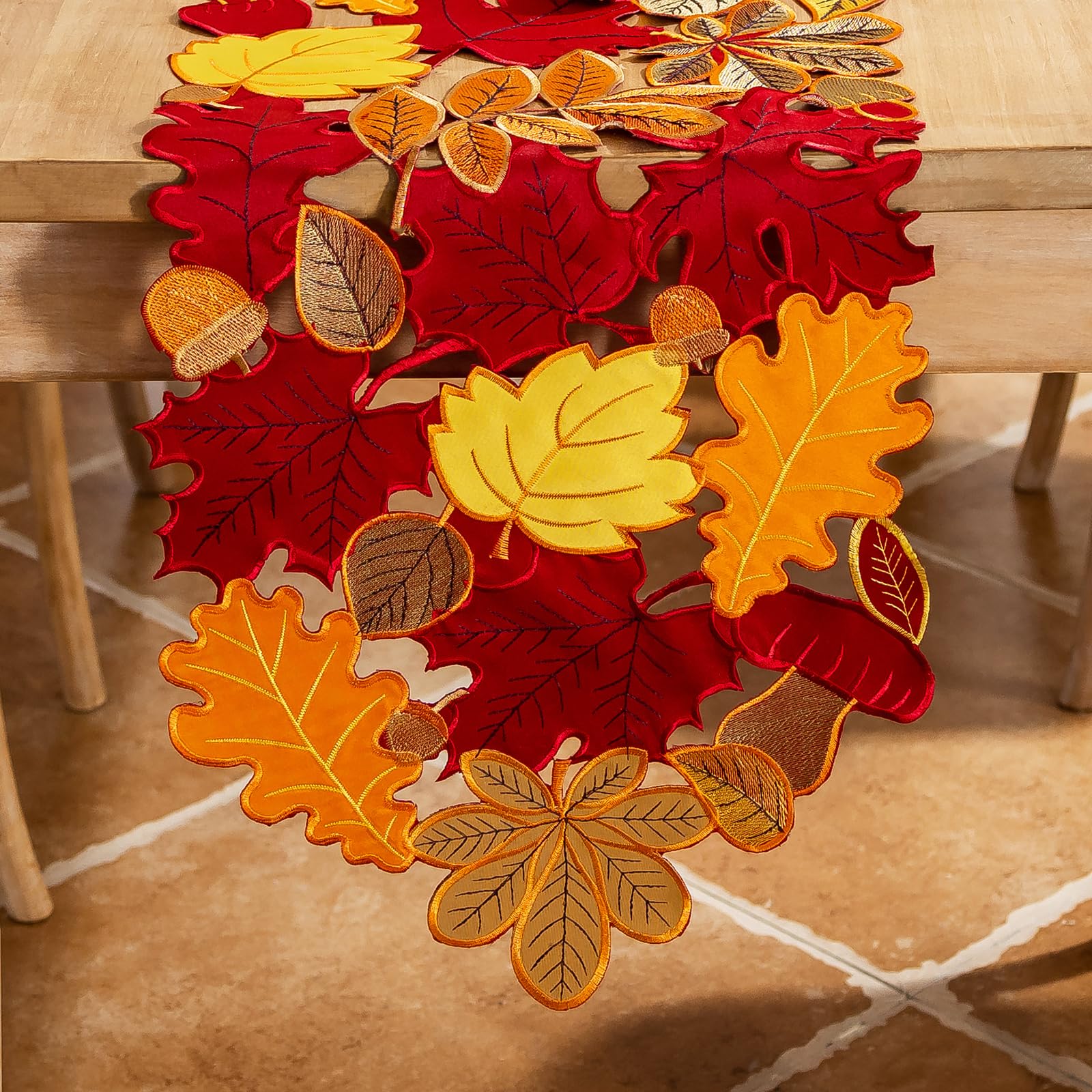 Joyfol Day Fall Leaves Table Runner 14 x 59 inch, Thanksgiving Harvest Rust Maple Leaves Table Runners, Embroidered Autumn Dresser Scarf for Harvest Party Dinner Seasonal Decoration