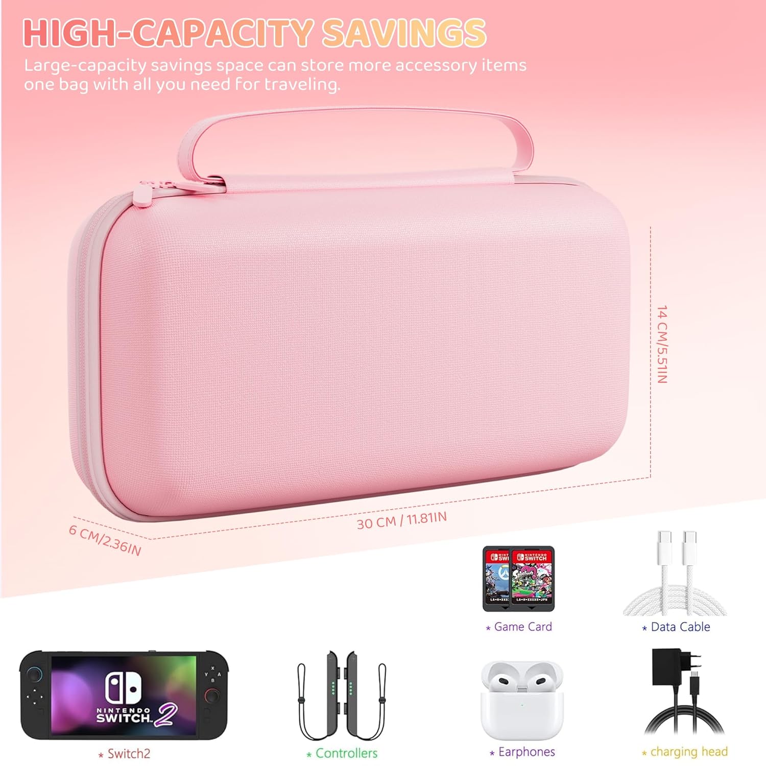 PAWDIARY Pink Carrying Travel Case Compatible with Nintendo Switch 2 2025, with Cute-girly Hardshell PC Switch 2 Protective Cover Accessories Skin, HD Screen Protector and 2 Thumb Caps - Image 8