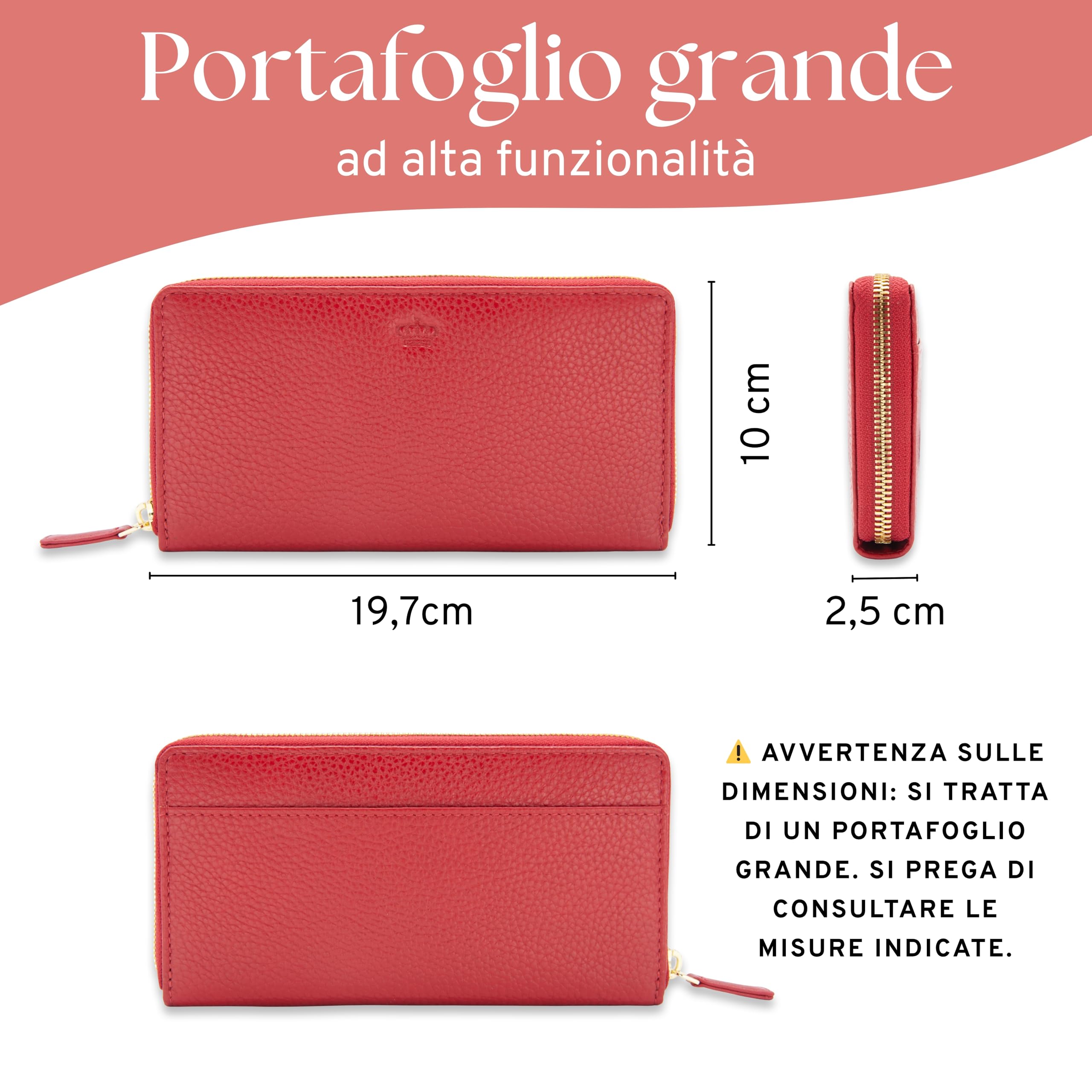 Baur portafoglio da donna – vera pelle con protezione RFID – portafoglio grande con 12 scomparti per carte – cerniera a giro in metallo (Cerniera oro, Rosso)