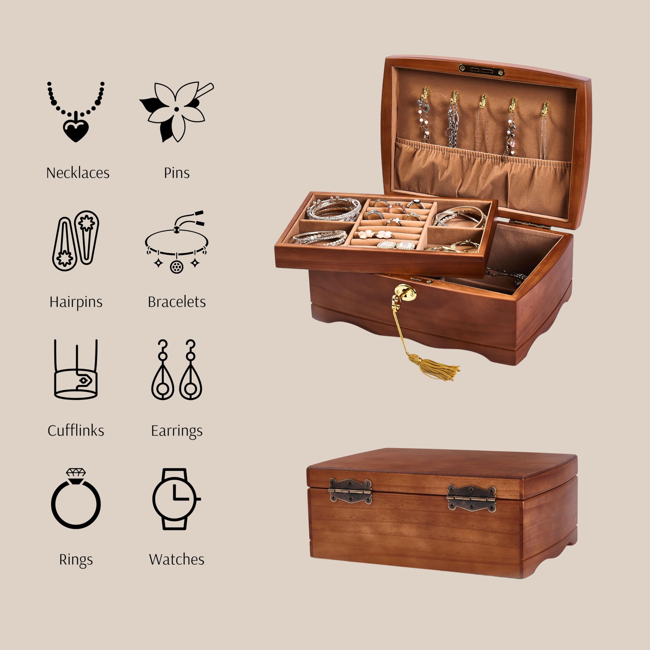 Amazon.com: EURIELK Wooden Jewelry Box with Lock and Key, Medium