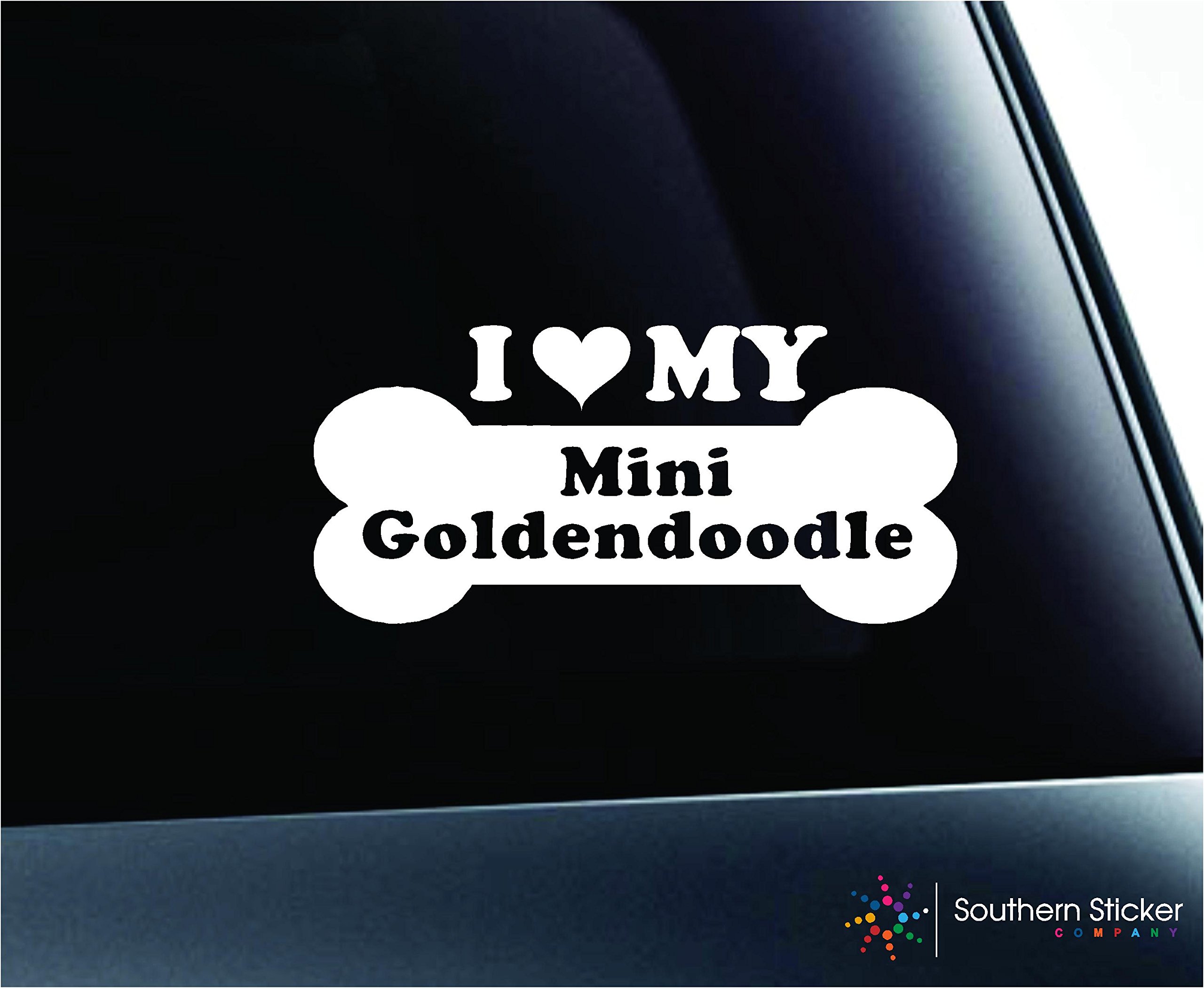 I Love My Mini Goldendoodle Dog Bone Woof Pet Paw Prints Symbol Decal Family Love Car Truck Sticker Window (White)