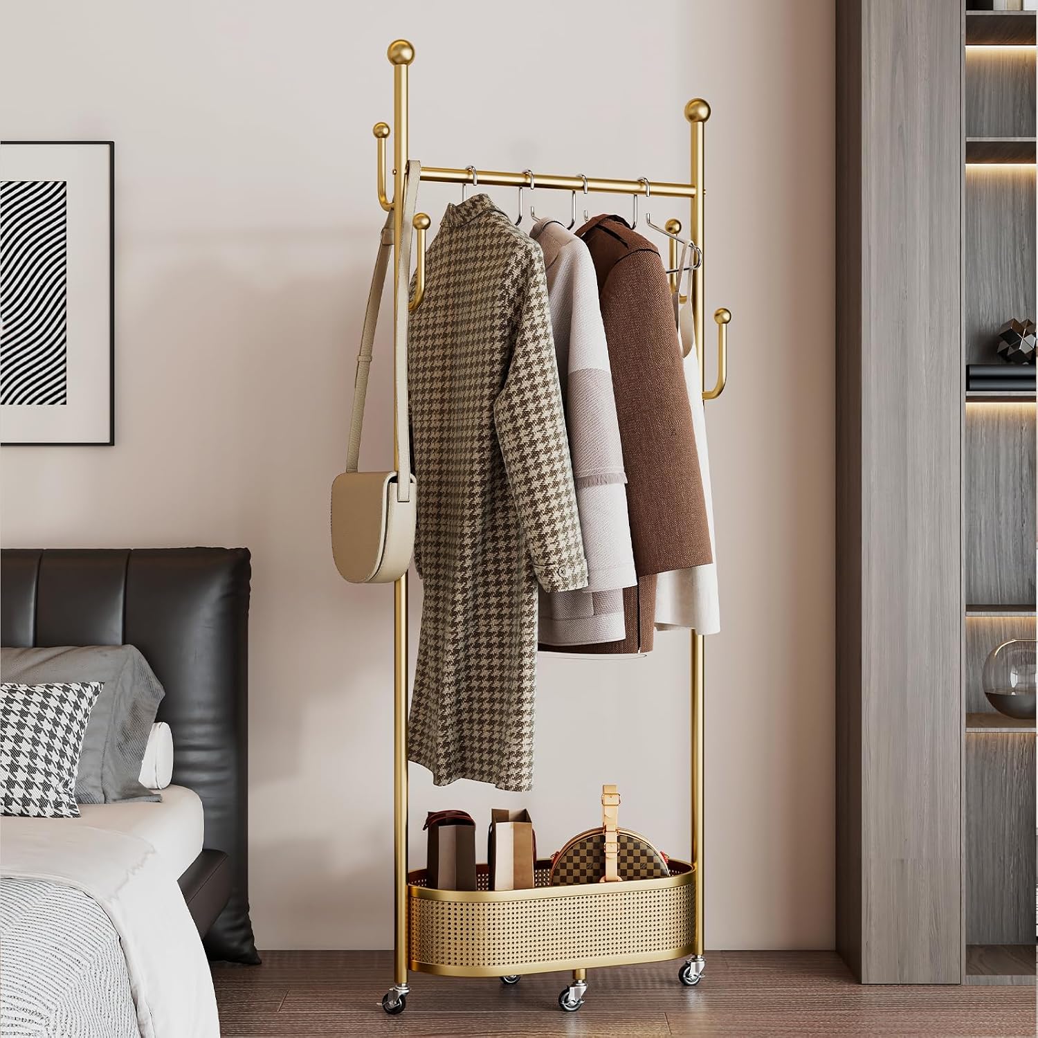 Freestanding Coat Rack with Storage Basket - Movable Wheels & Sturdy Design, Perfect for Bedroom, Entryway & Closet Organization