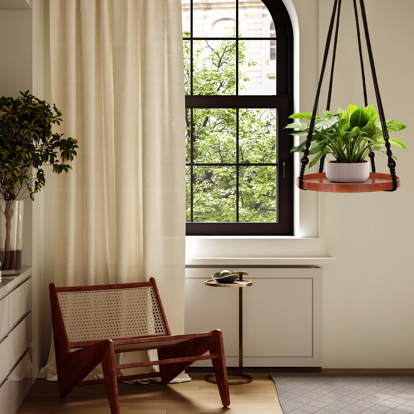 E-Know Lot de 2 supports de plantes en macramé pour plantes d'intérieur à suspendre – Support décoratif pour pot de fleurs – Cintres en coton faits à la main avec plateau en bois