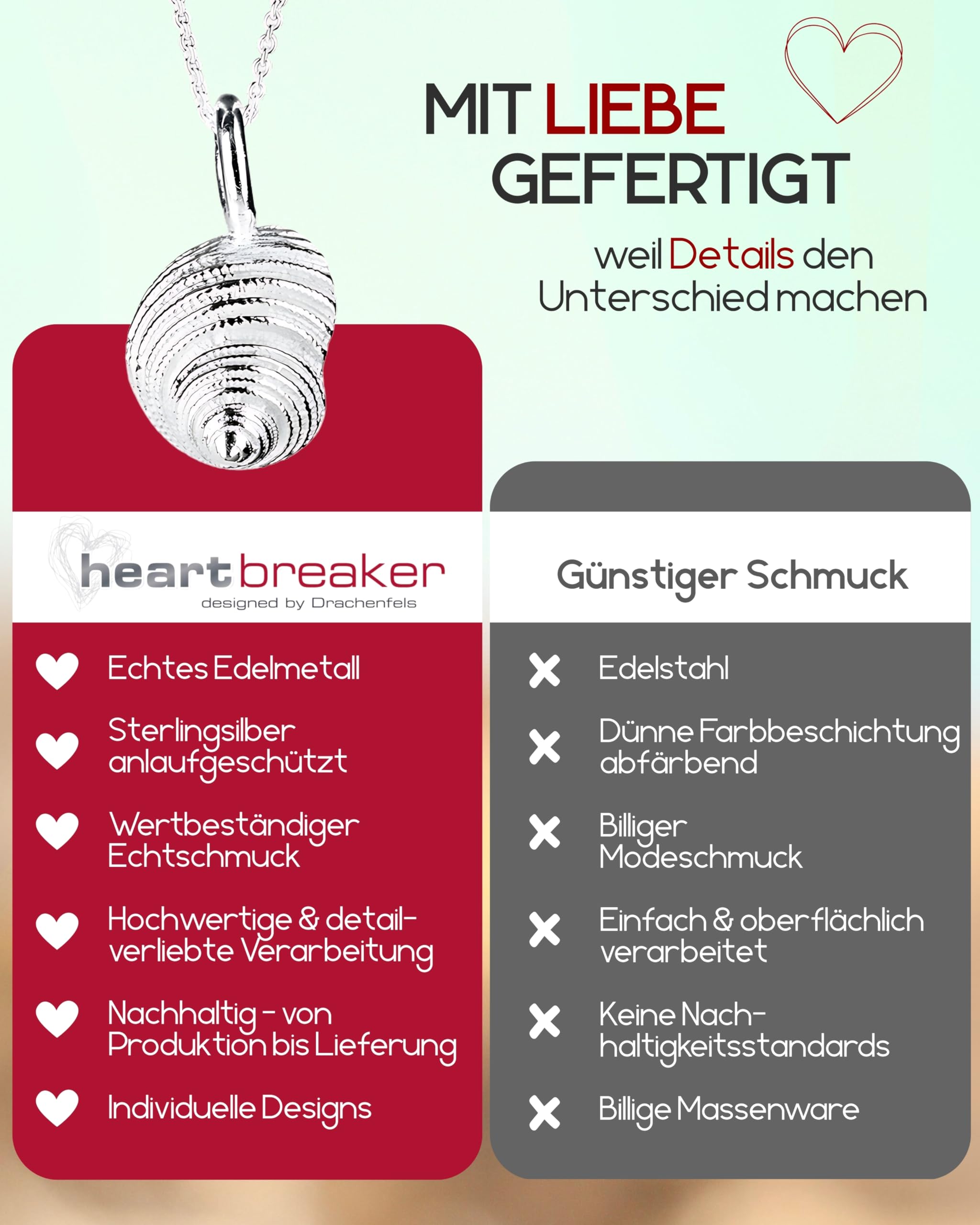 Heartbreaker "Sealife" Muschel-Anhänger klein I Edler Muschelanhänger aus 925 Sterling Silber I Nickelfreier Kettenanhänger in Goldschmiedequalität I Hochwertiger Anhänger für Damen I LD SL 39