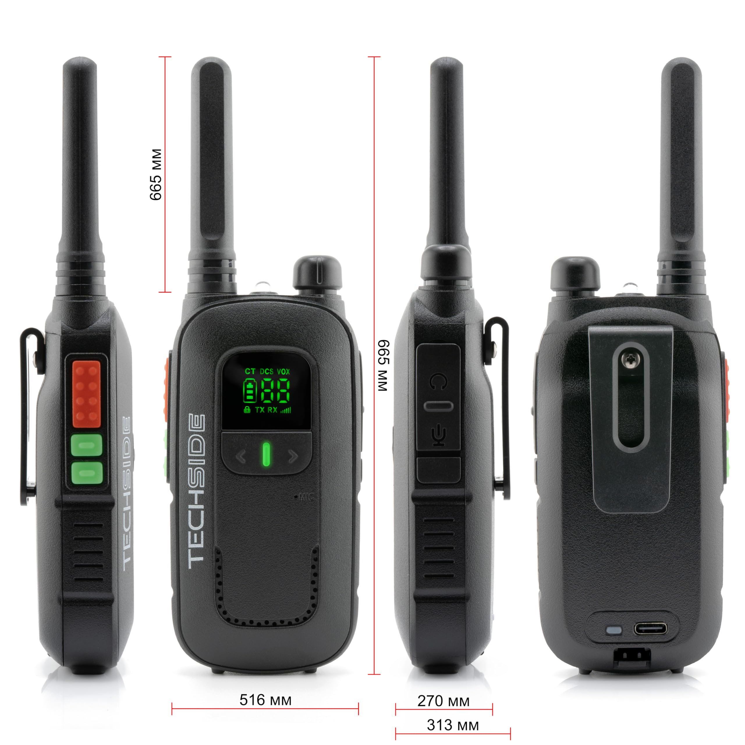 Techside TS-T2 Ricetrasmittente Professionale Walkie Talkie 16 Canali PMR446 (Libero uso) | Vox a 5 livelli | Scansione Automatica Canali | Set di 2 ricetrasmettitori full optional