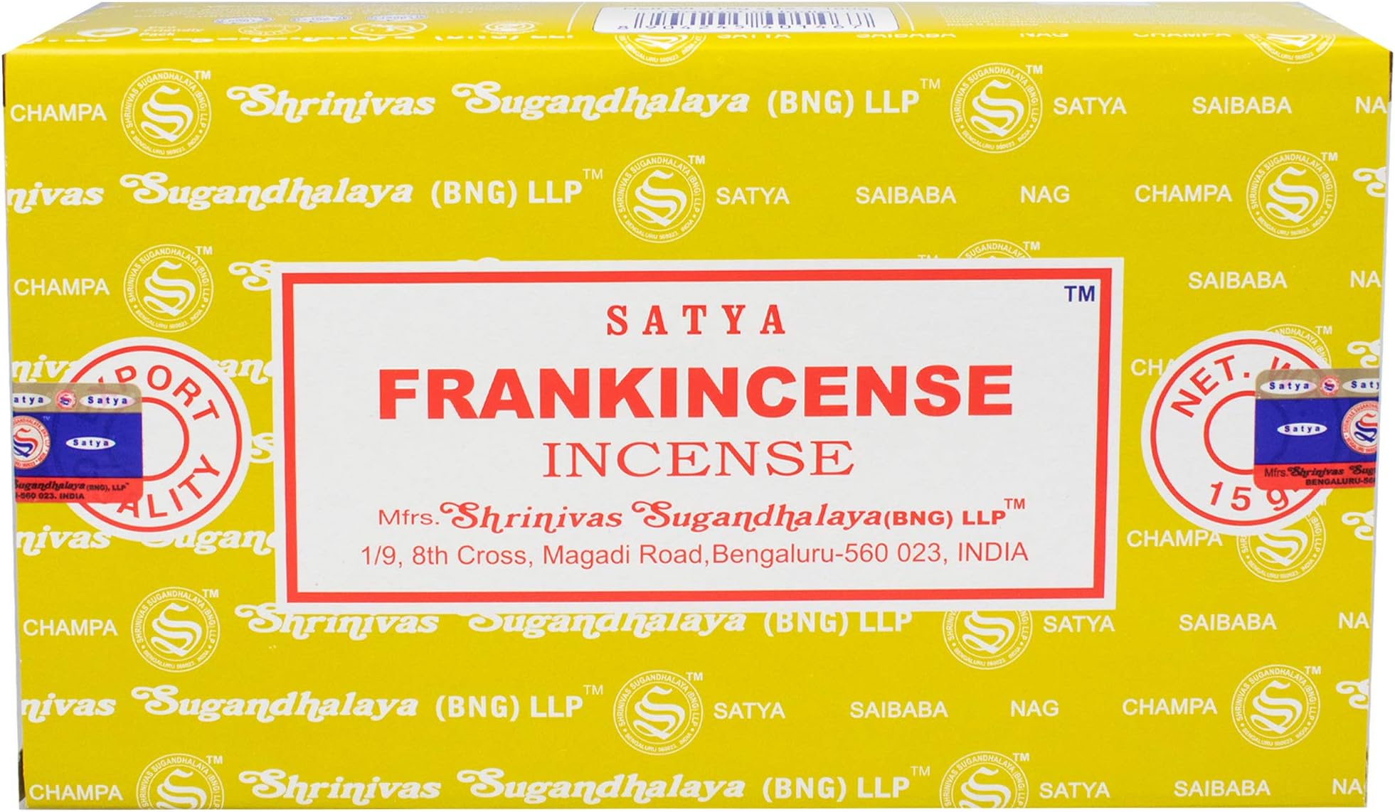 156 Satya Frankincense Incense Sticks 180 Grams (12 boxes of 15 grams each) Sai Baba Nag Champa